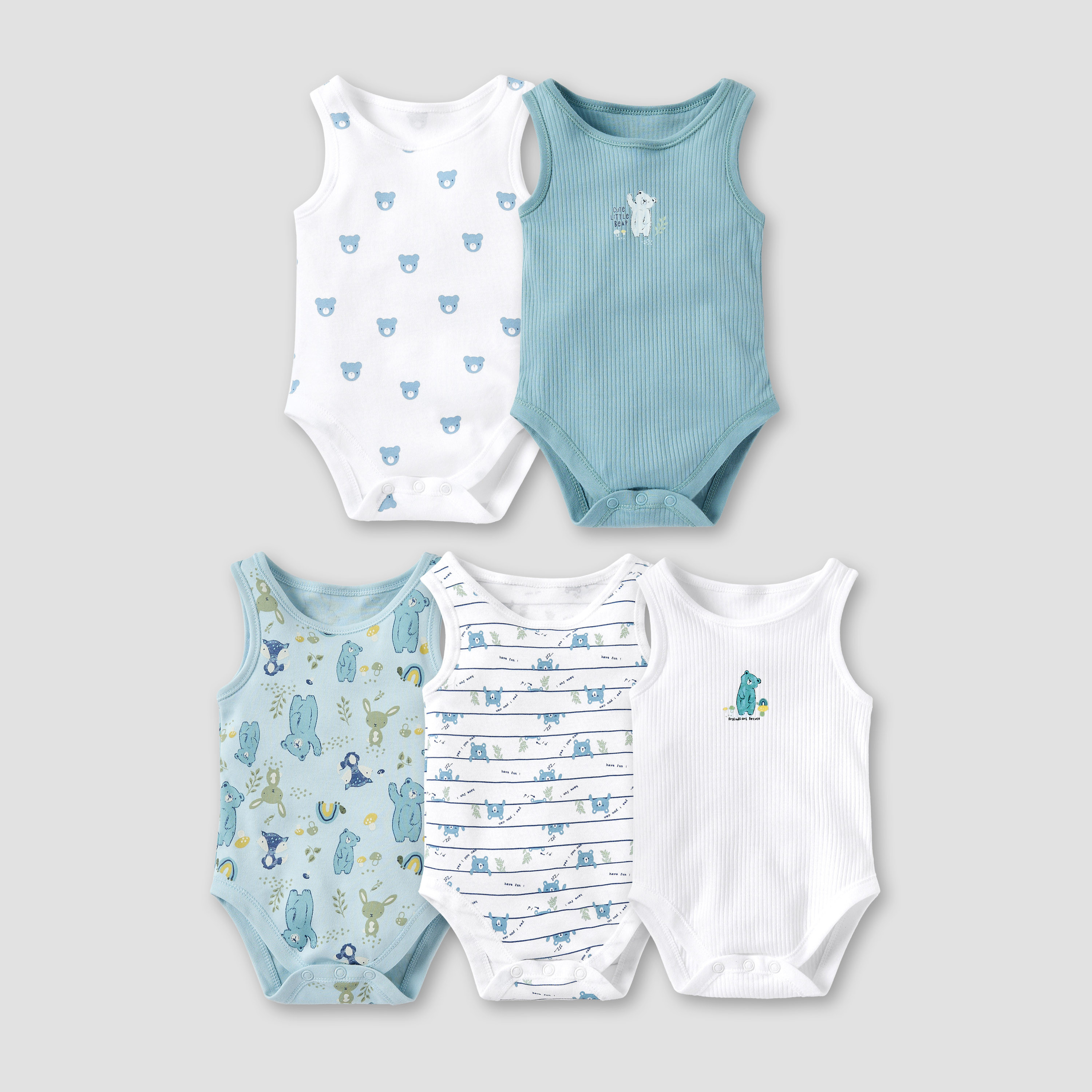 Juniors Bear Print Sleeveless Bodysuit with Button Closure - Set of 5-baby-boys-clothing-multipacks-image-1