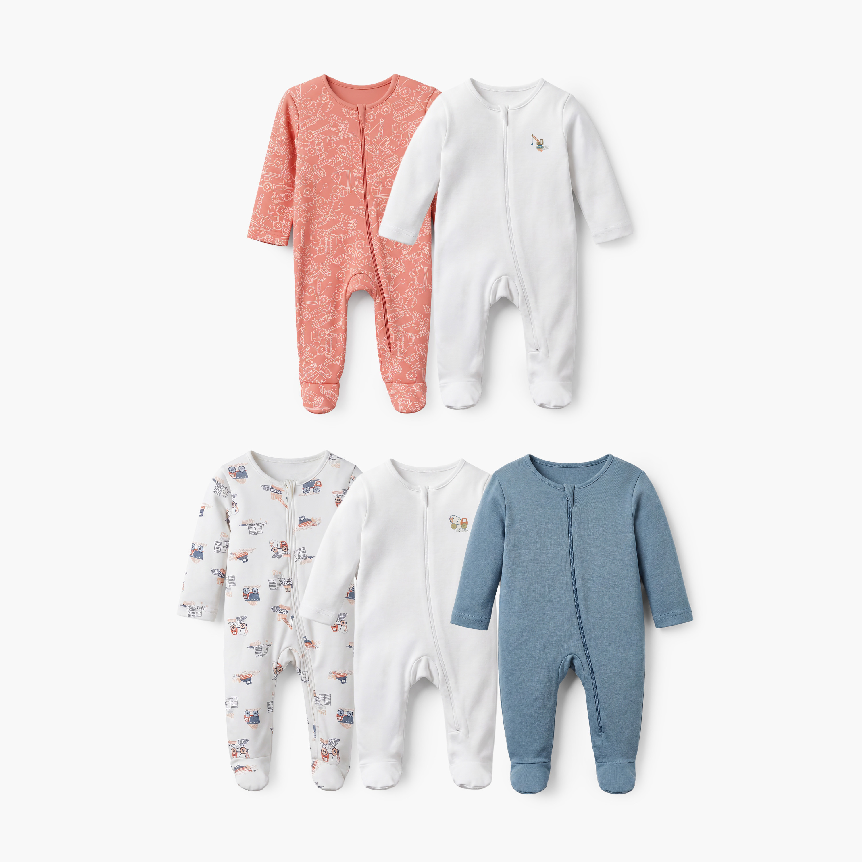 Pack of 5 Juniors Cotton Crew Neck Long Sleeves Sleepsuit with Construction Vehicle Print-baby-boys-clothing-nightwear-sleepsuits-image-1
