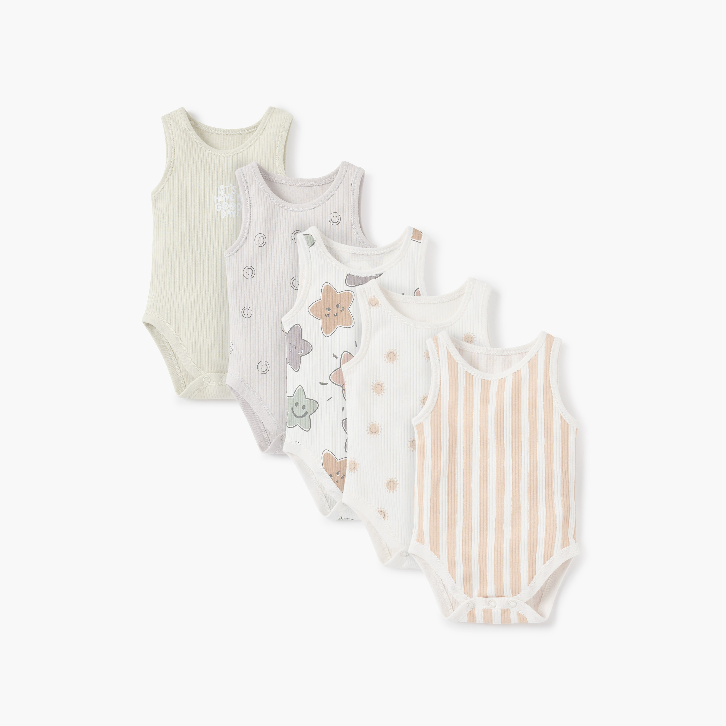 Juniors Printed Sleeveless Bodysuit with Button Closure - Set of 5-baby-boys-clothing-bodysuits-image-1