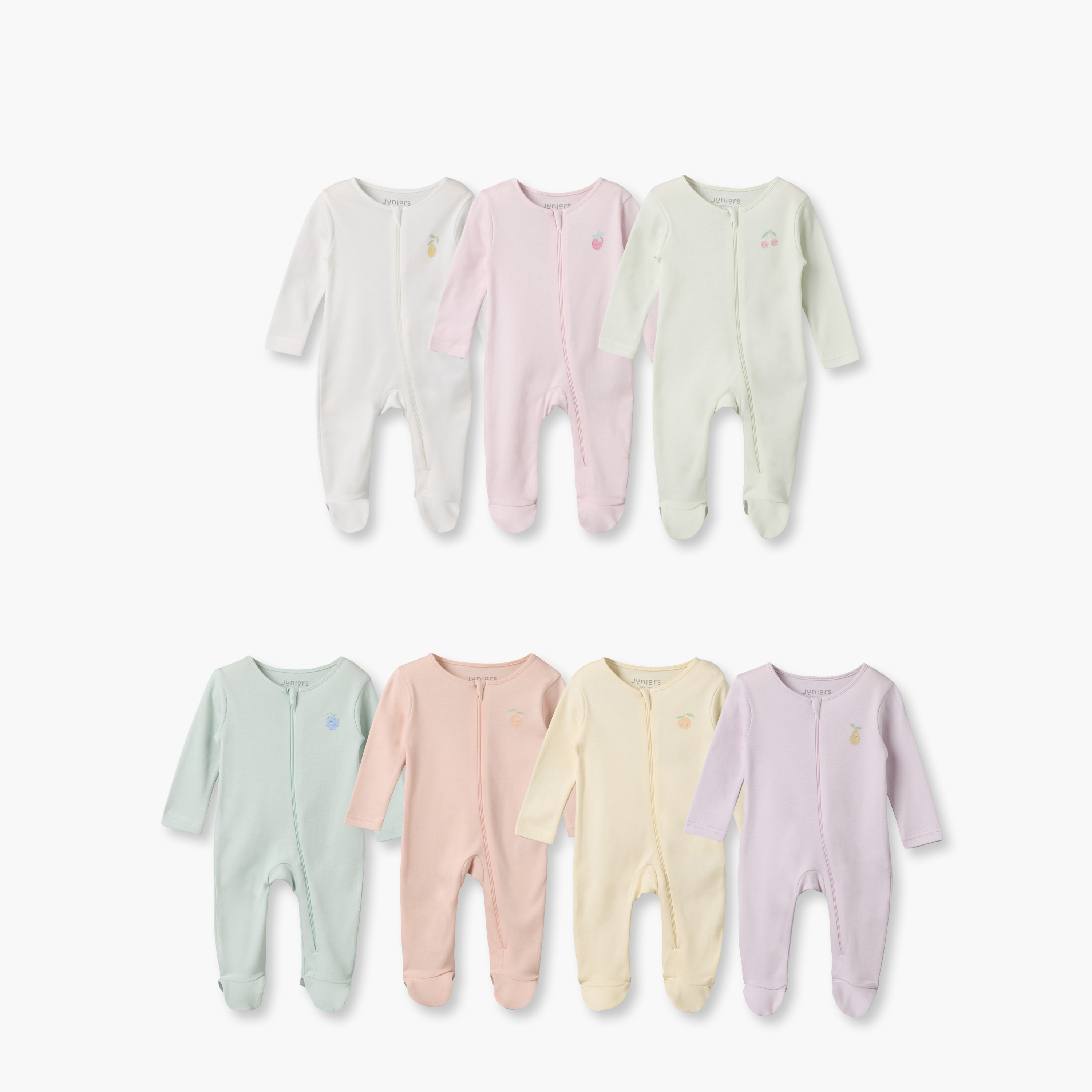 طقم بدلات نوم قطنية بياقة ضيقة وأكمام طويلة وسحاب إغلاق من جونيورز - 7 قطع-baby-girls-clothing-nightwear-sleepsuits-image-1