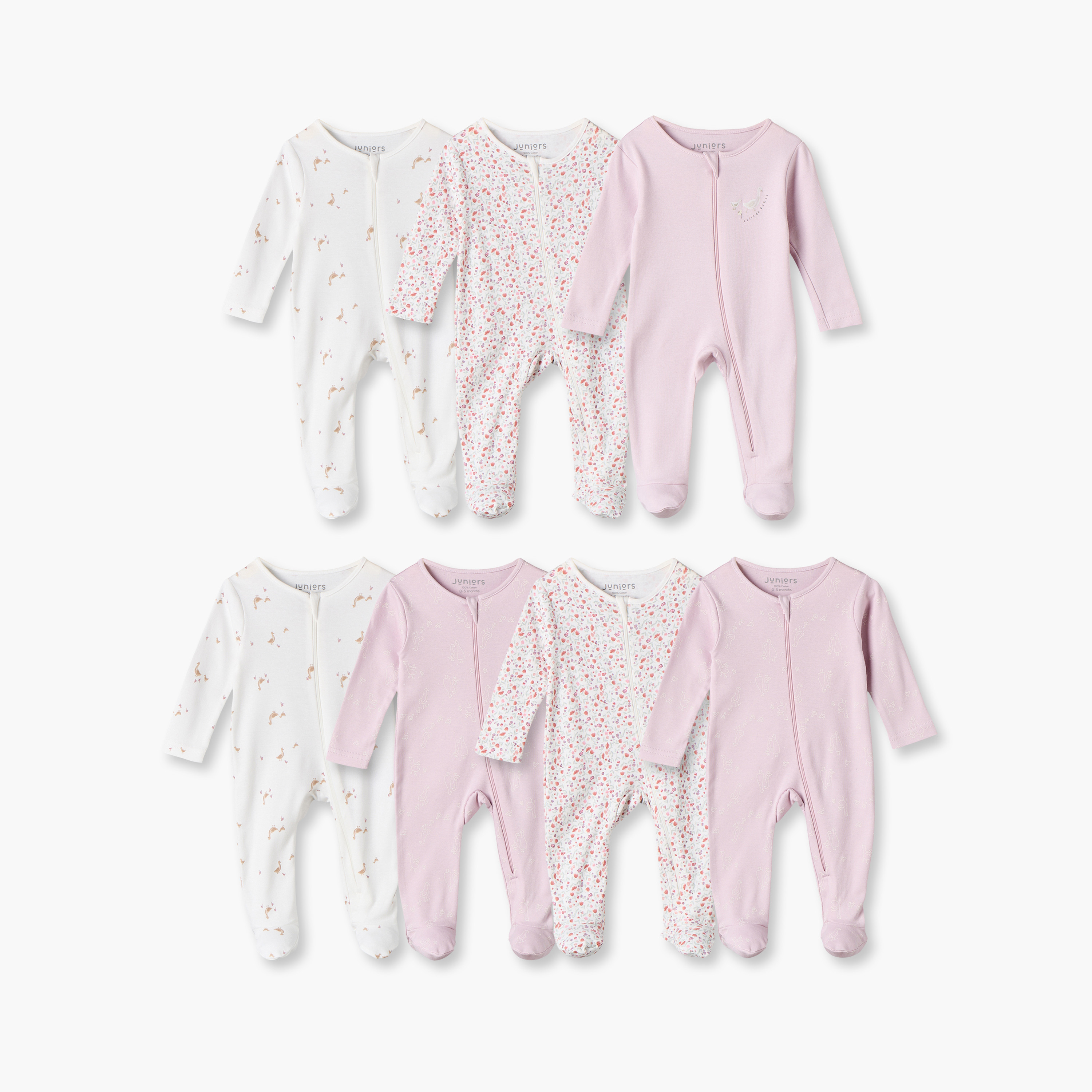 طقم بدلات نوم قطنية بأكمام طويلة وياقة ضيقة وإغلاق بسحّاب من جونيورز - 7 قطع-baby-girls-clothing-nightwear-sleepsuits-image-1