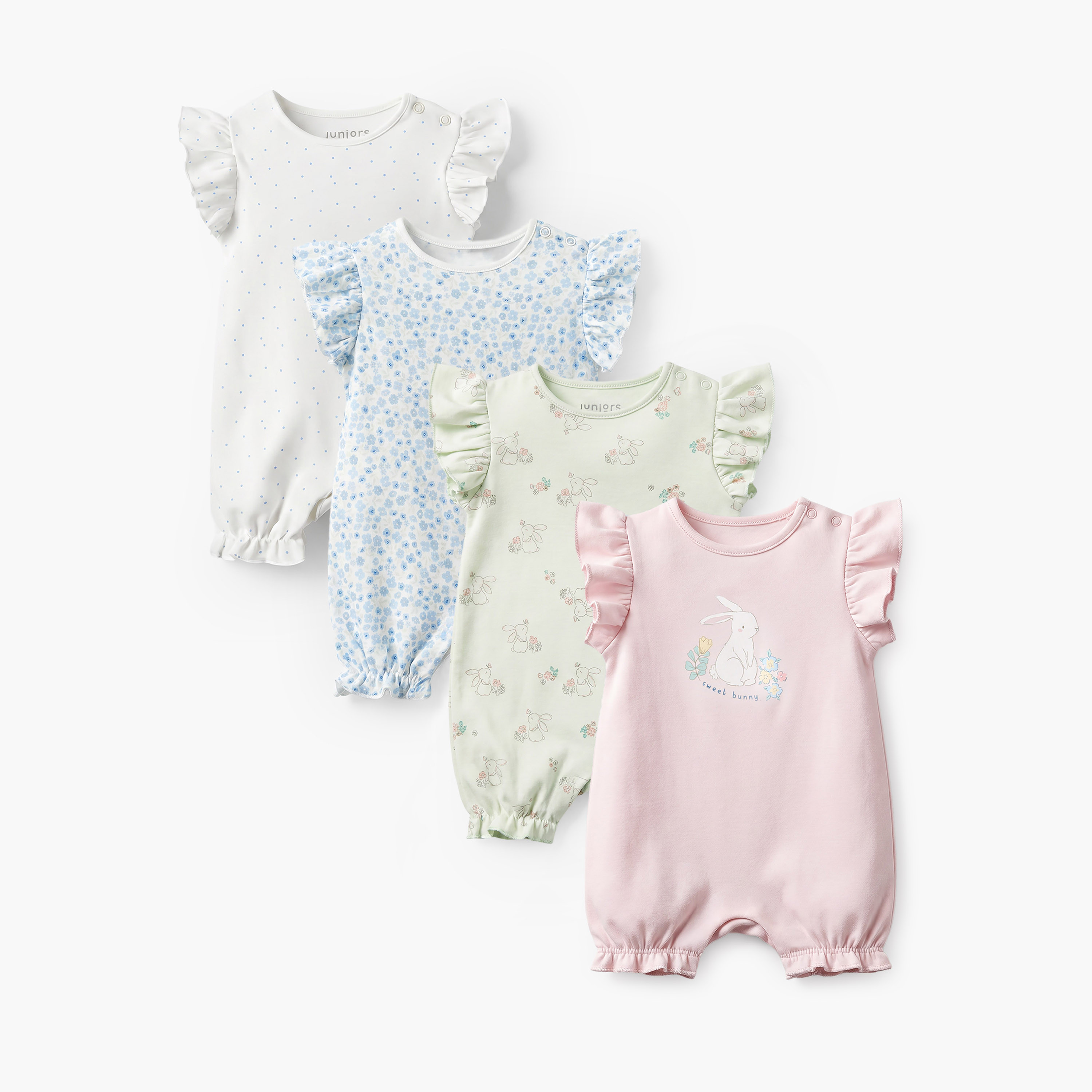 Pack of 4 Juniors Round Neck Short Sleeves Romper with Print-baby-girls-clothing-rompers-image-1