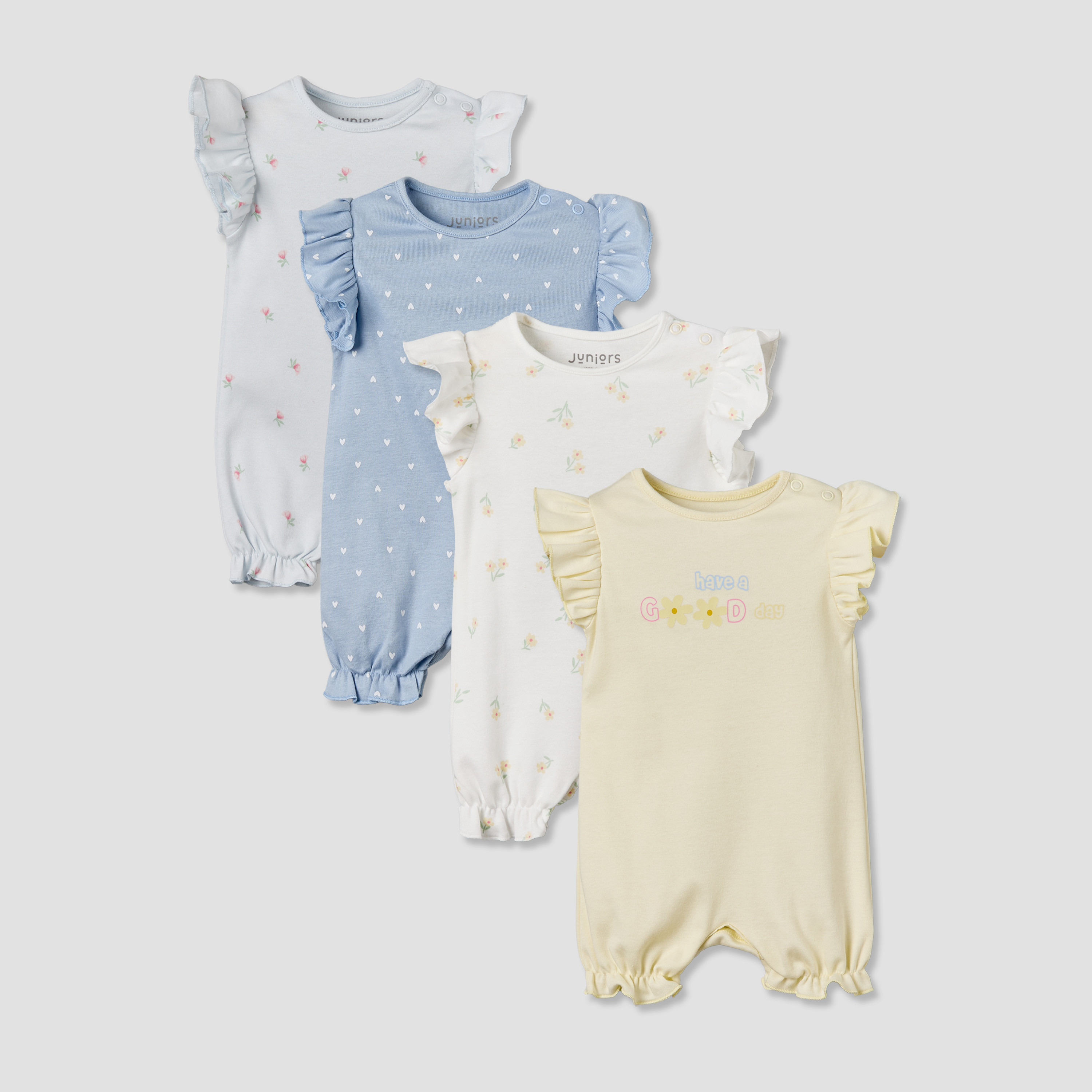 Pack of 4 Juniors Round Neck Short Sleeves Romper with Assorted Prints-baby-girls-clothing-rompers-image-1