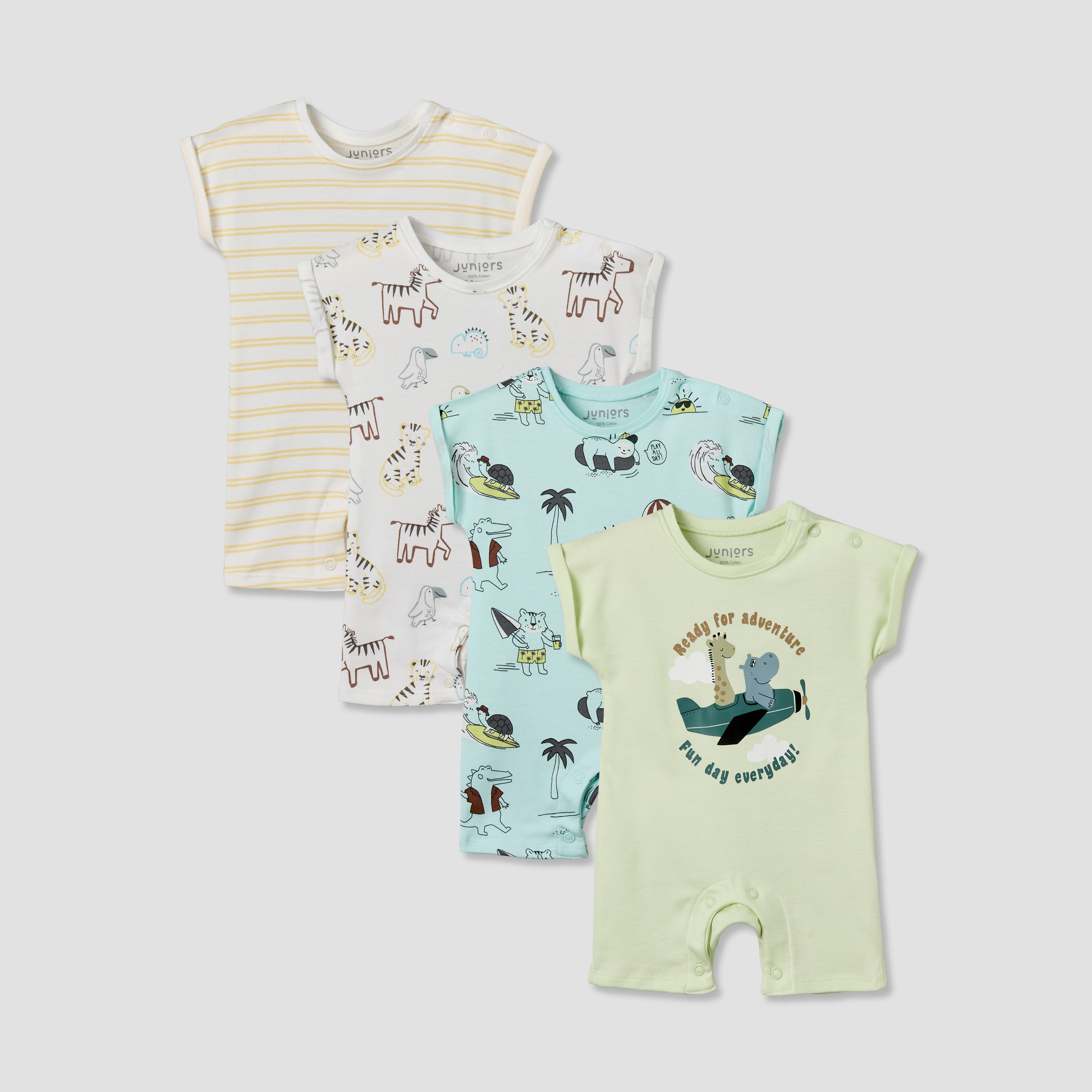 Pack of 4 Juniors Round Neck Short Sleeves Romper with Snap Button Closure-baby-boys-clothing-rompers-image-1