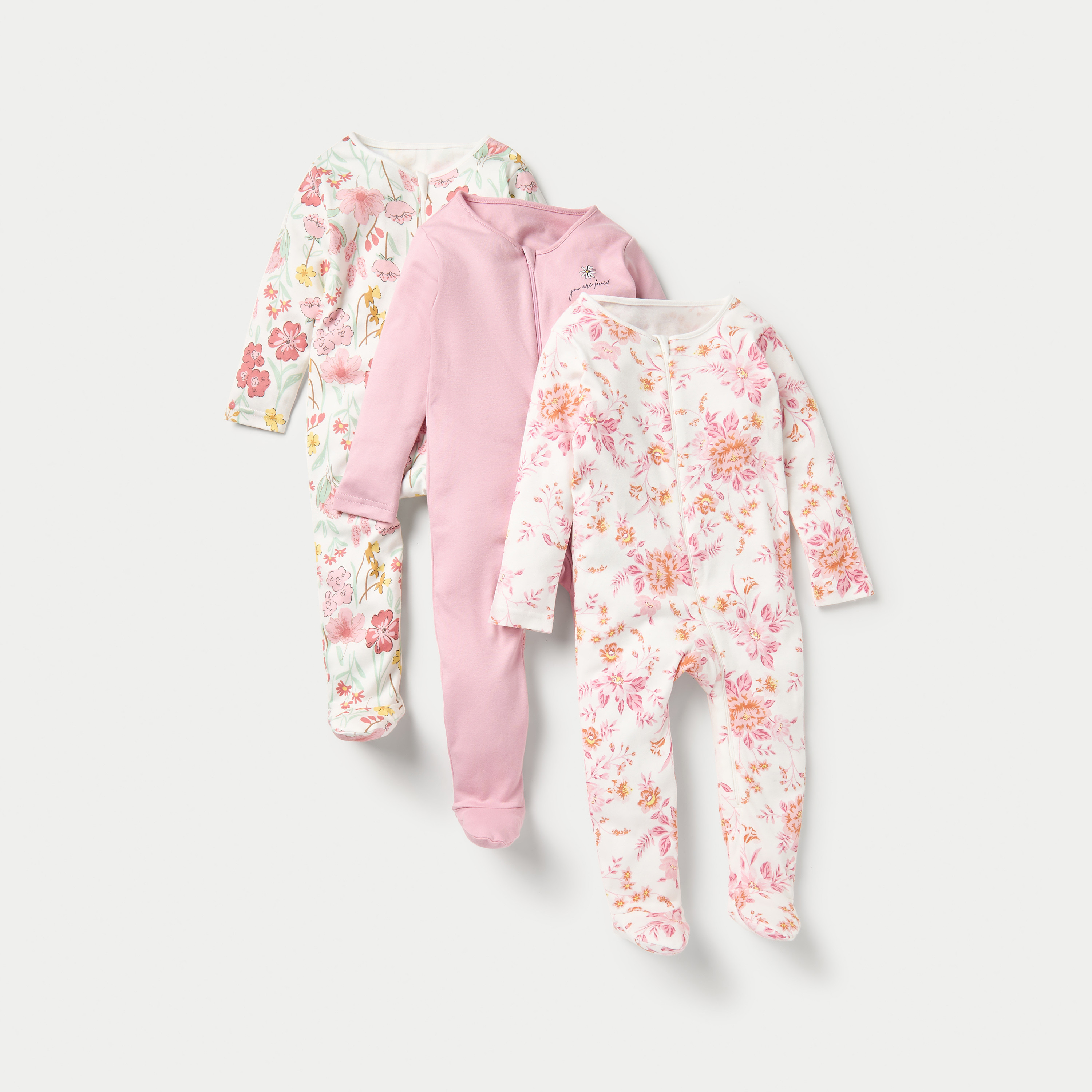 Juniors Floral Print Closed Feet Sleepsuit with Zip Closure - Set of 3-baby-girls-clothing-nightwear-sleepsuits-image-1