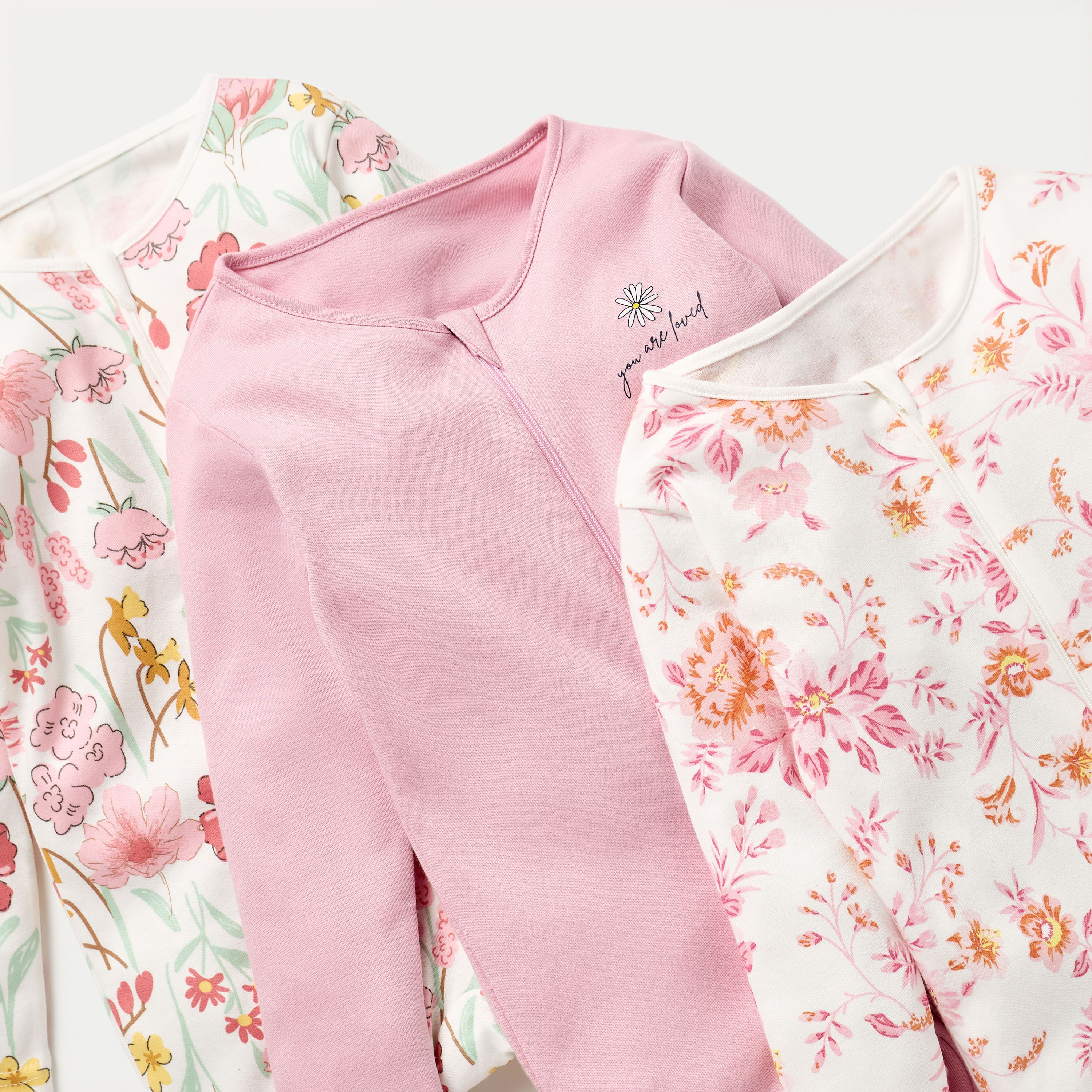 Juniors Floral Print Closed Feet Sleepsuit with Zip Closure - Set of 3-baby-girls-clothing-nightwear-sleepsuits-image-5