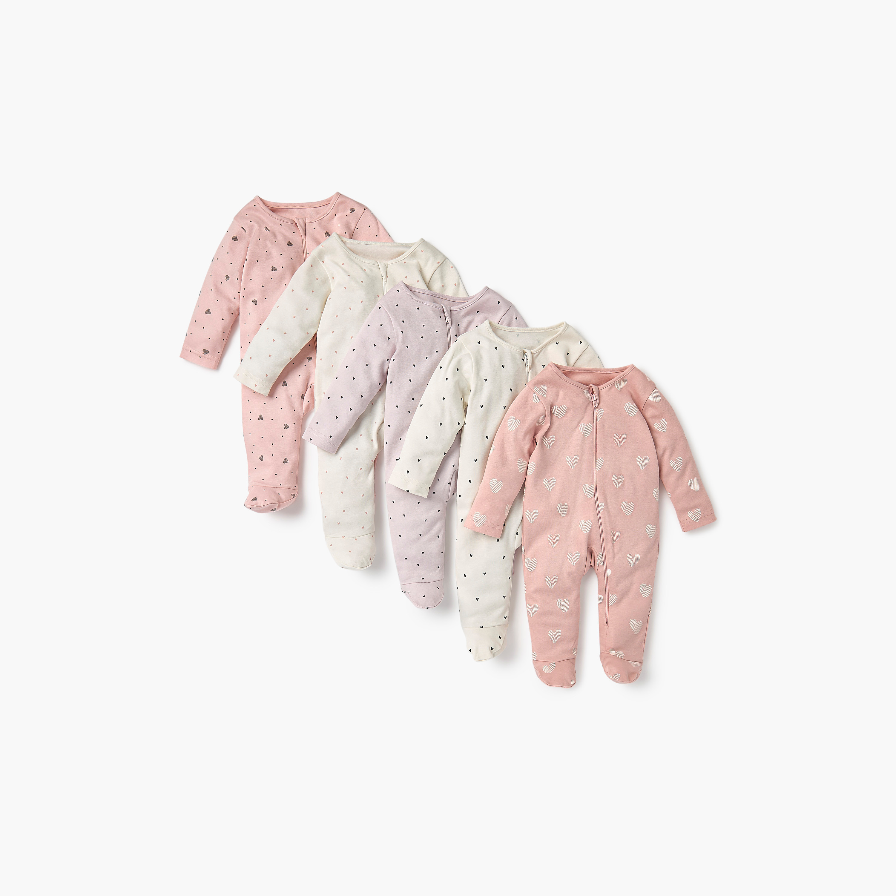 بدلات نوم بطبعات وأكمام طويلة وسحاب إغلاق من جونيورز - طقم 5 قطع-baby-girls-clothing-nightwear-sleepsuits-image-1