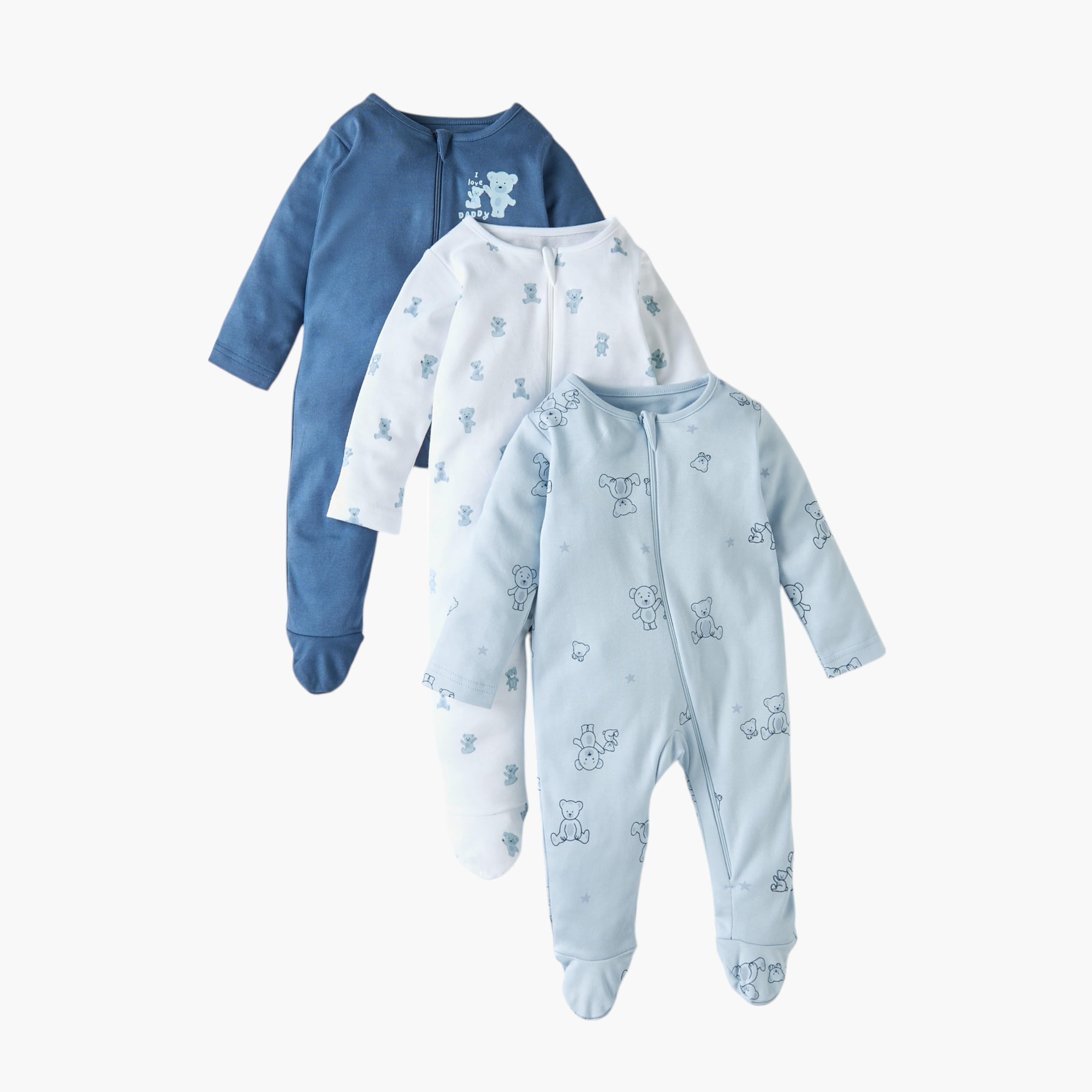 Juniors Bear Print Sleepsuit with Zip Closure - Set of 3-baby-boys-clothing-nightwear-sleepsuits-image-1