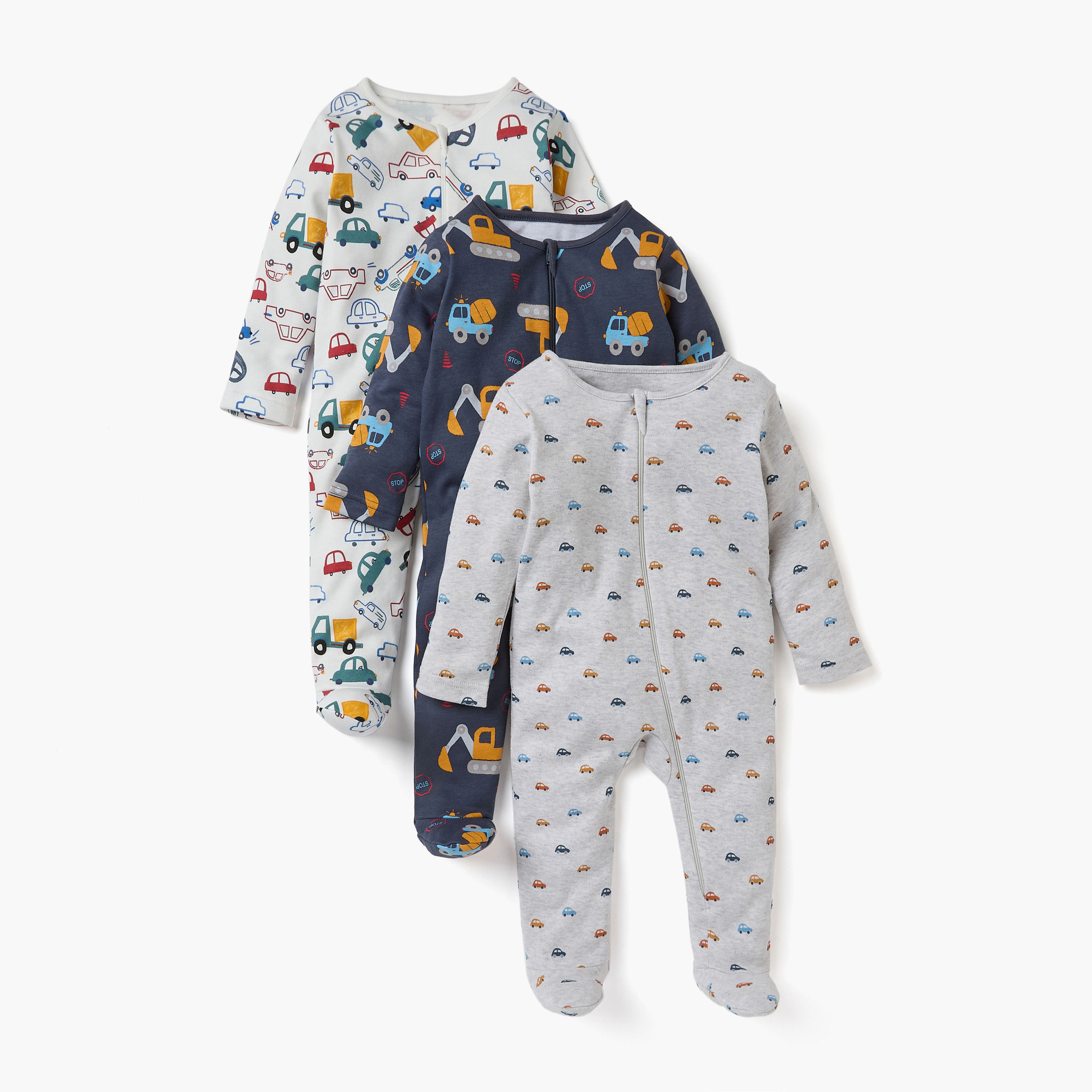 Juniors Printed Sleepsuit with Long Sleeves and Zip Closure - Set of 3-baby-boys-clothing-nightwear-sleepsuits-image-1