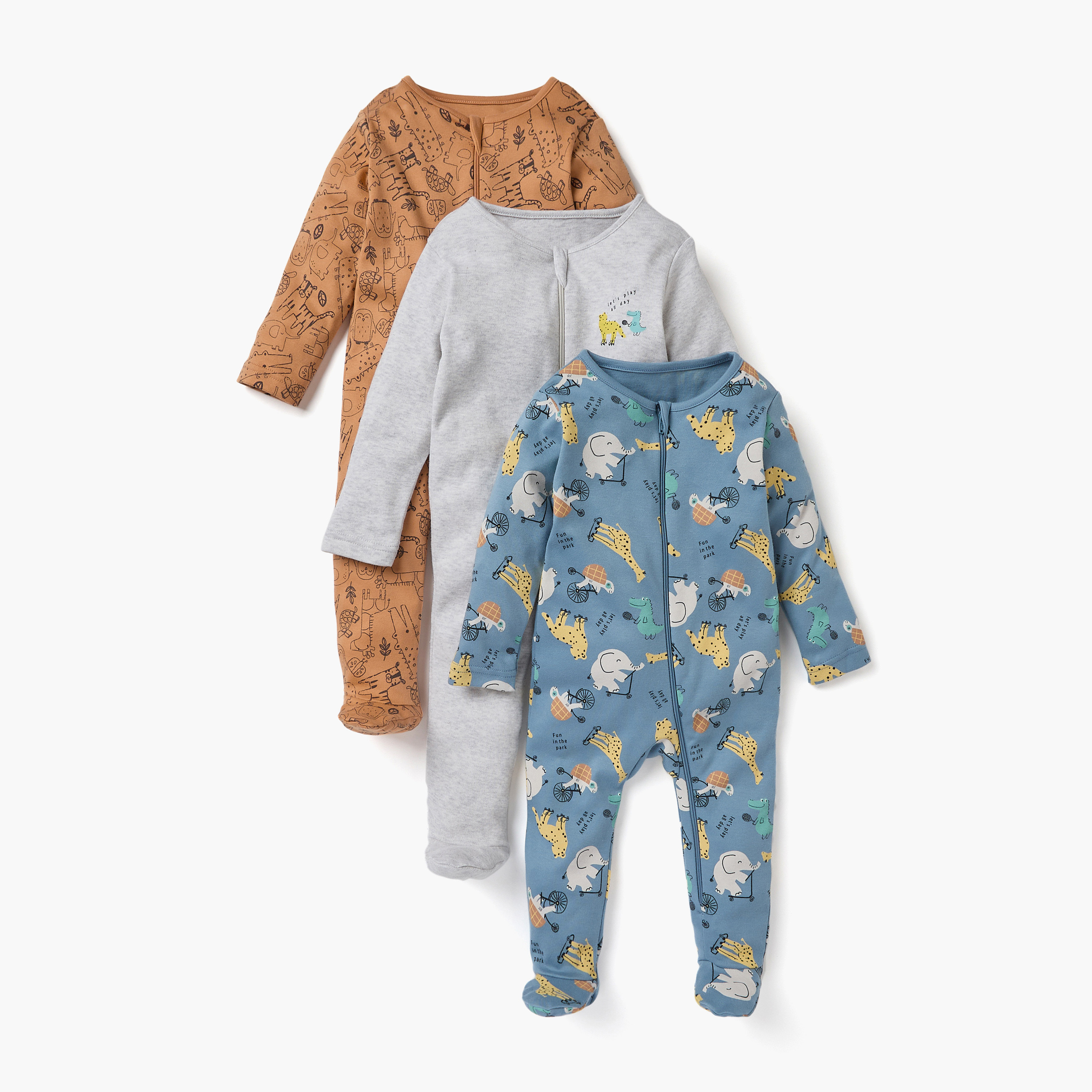 بدلات نوم بطبعات وأكمام طويلة وسحاب إغلاق من جونيورز - طقم 3 قطع-baby-boys-clothing-nightwear-sleepsuits-image-1