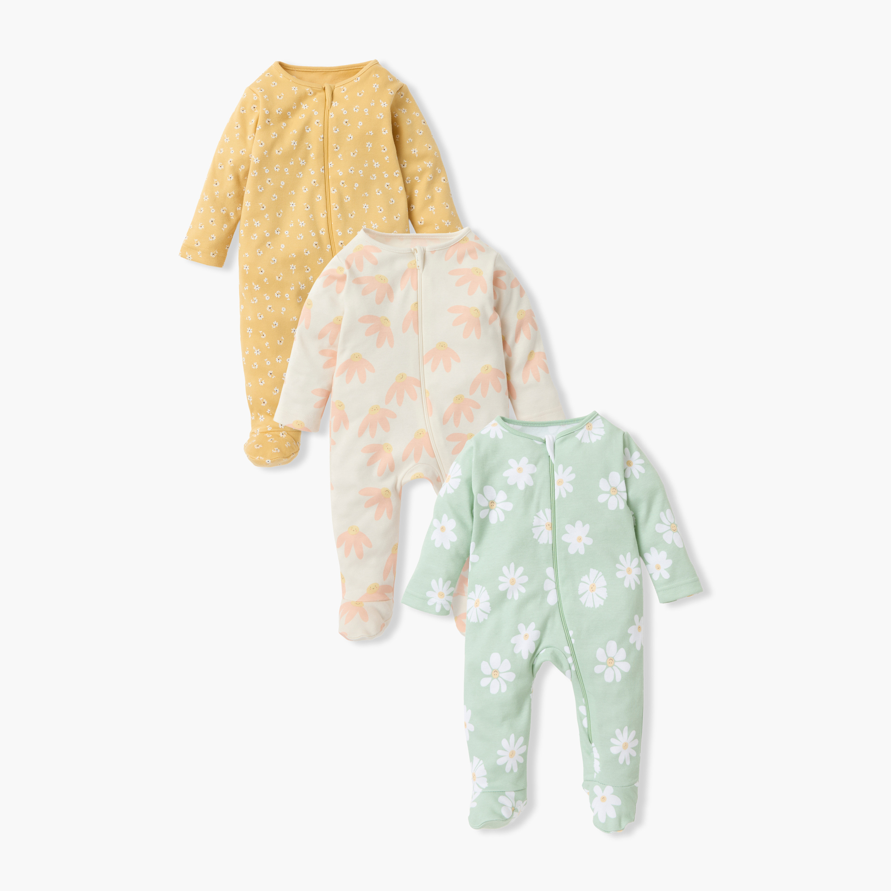 Juniors Floral Print Sleepsuit with Zip Closure and Long Sleeves - Set of 3-baby-girls-clothing-nightwear-sleepsuits-image-1