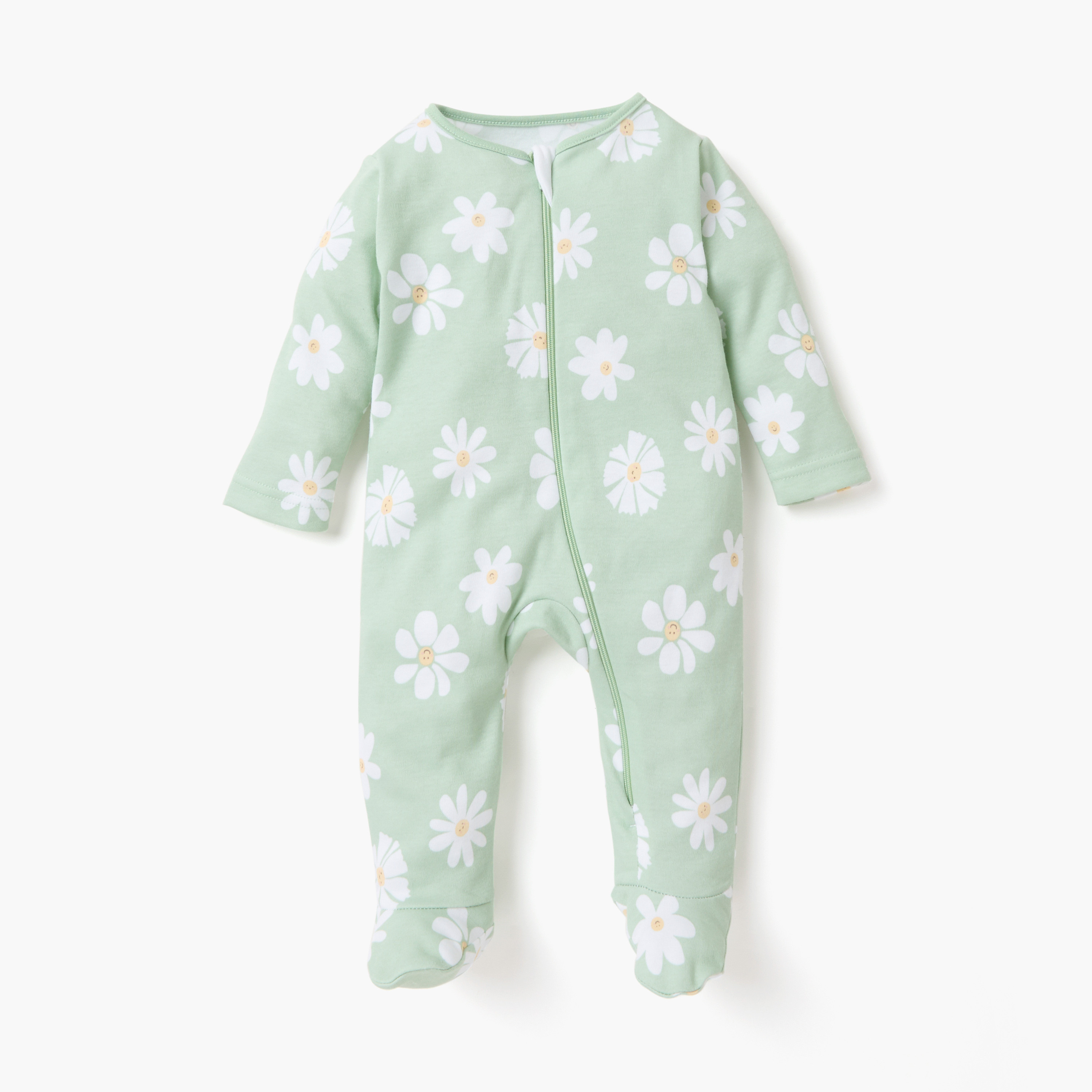 Juniors Floral Print Sleepsuit with Zip Closure and Long Sleeves - Set of 3-baby-girls-clothing-nightwear-sleepsuits-image-2