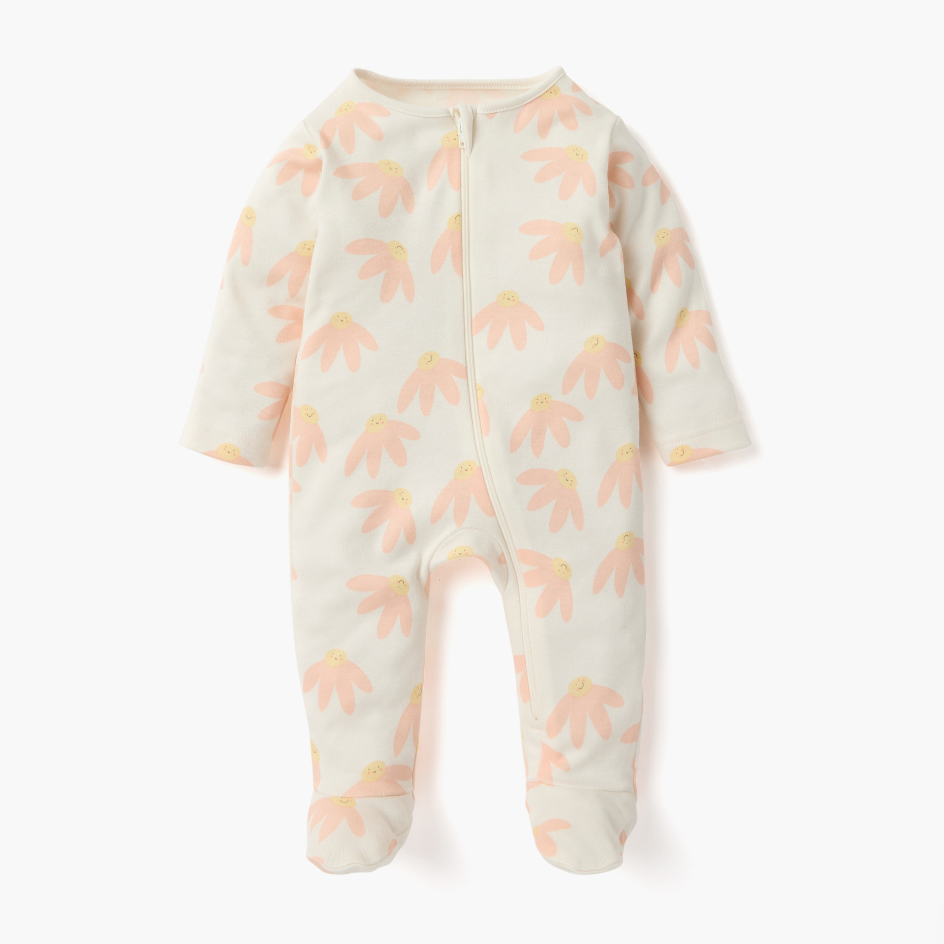 Juniors Floral Print Sleepsuit with Zip Closure and Long Sleeves - Set of 3-baby-girls-clothing-nightwear-sleepsuits-image-3