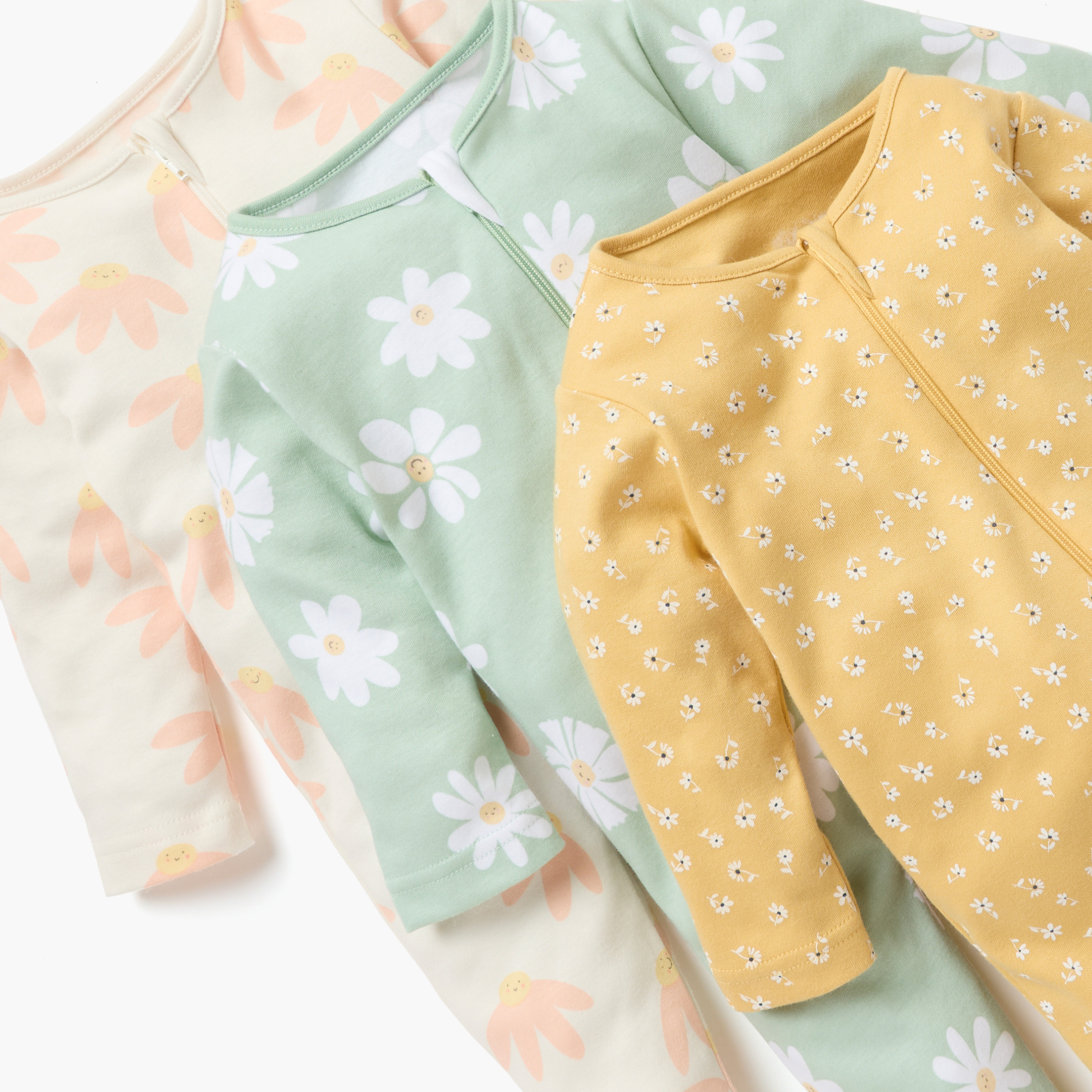Juniors Floral Print Sleepsuit with Zip Closure and Long Sleeves - Set of 3-baby-girls-clothing-nightwear-sleepsuits-image-5