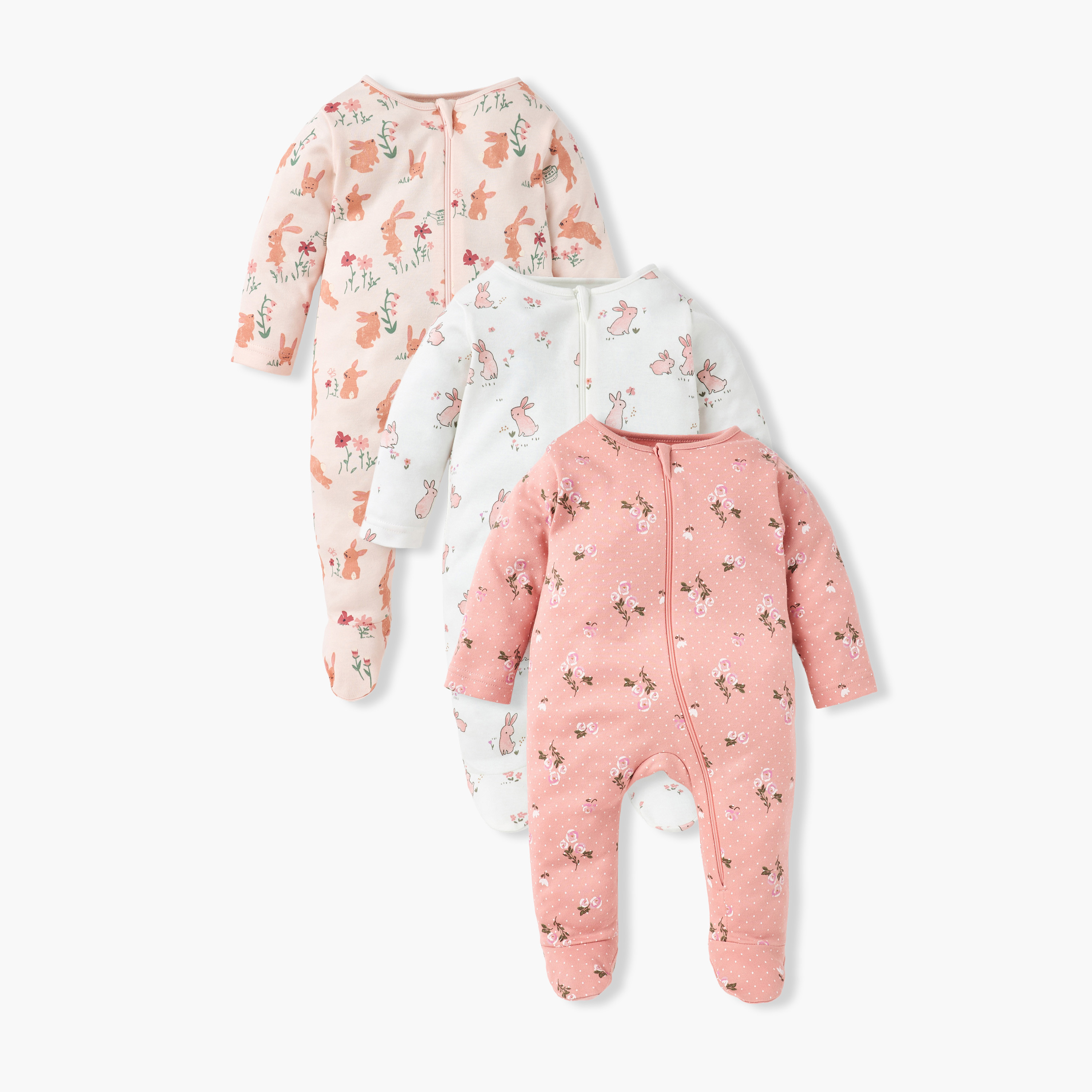 Juniors Printed Closed Feet Sleepsuit with Long Sleeves - Set of 3-baby-girls-clothing-nightwear-sleepsuits-image-1