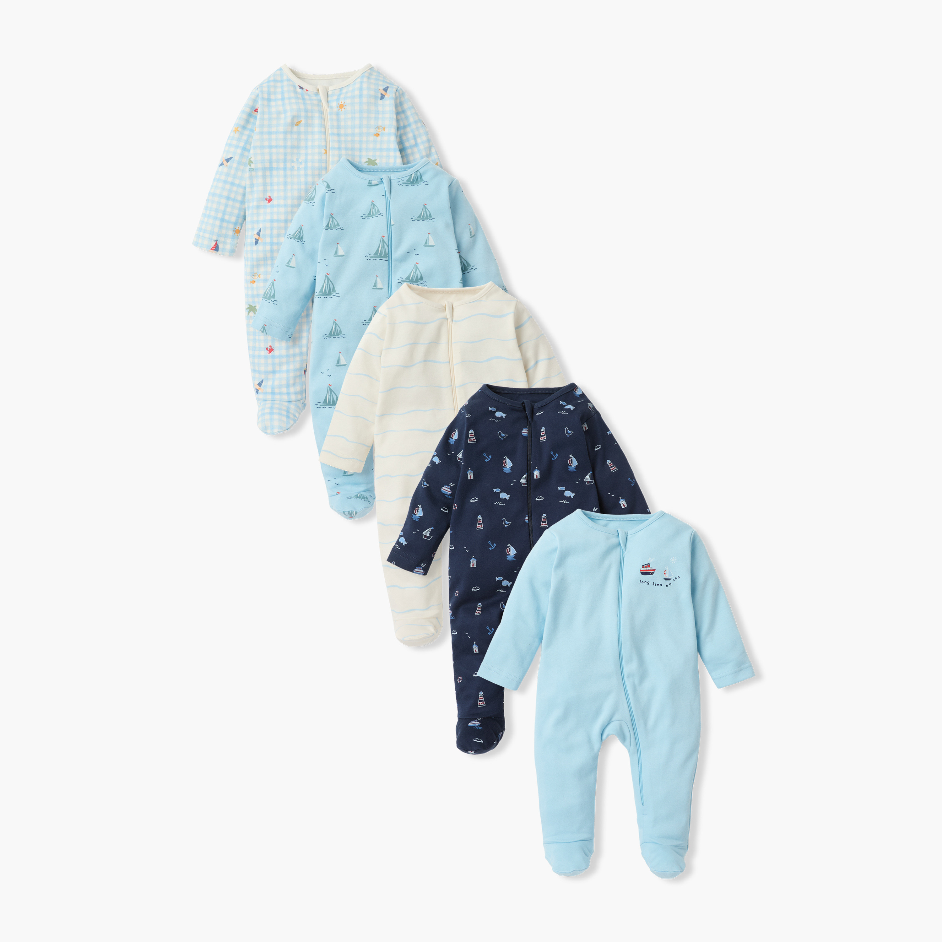 Juniors Printed Sleepsuit with Long Sleeves and Zip Closure - Set of 5-baby-boys-clothing-nightwear-sleepsuits-image-1