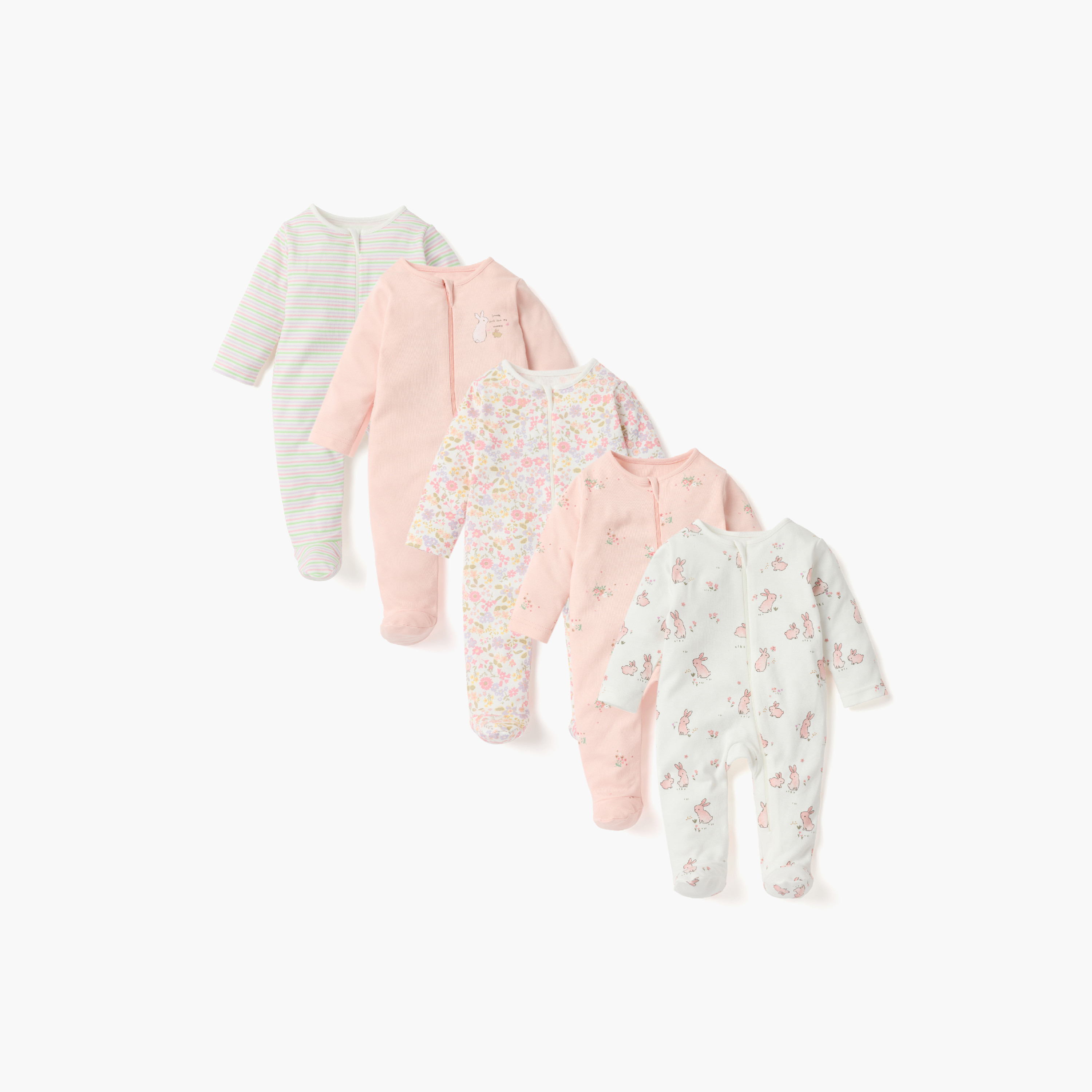 بدلات نوم مغلقة القدمين بطبعات وأكمام طويلة من جونيورز - طقم 5 قطع-baby-girls-clothing-nightwear-sleepsuits-image-1
