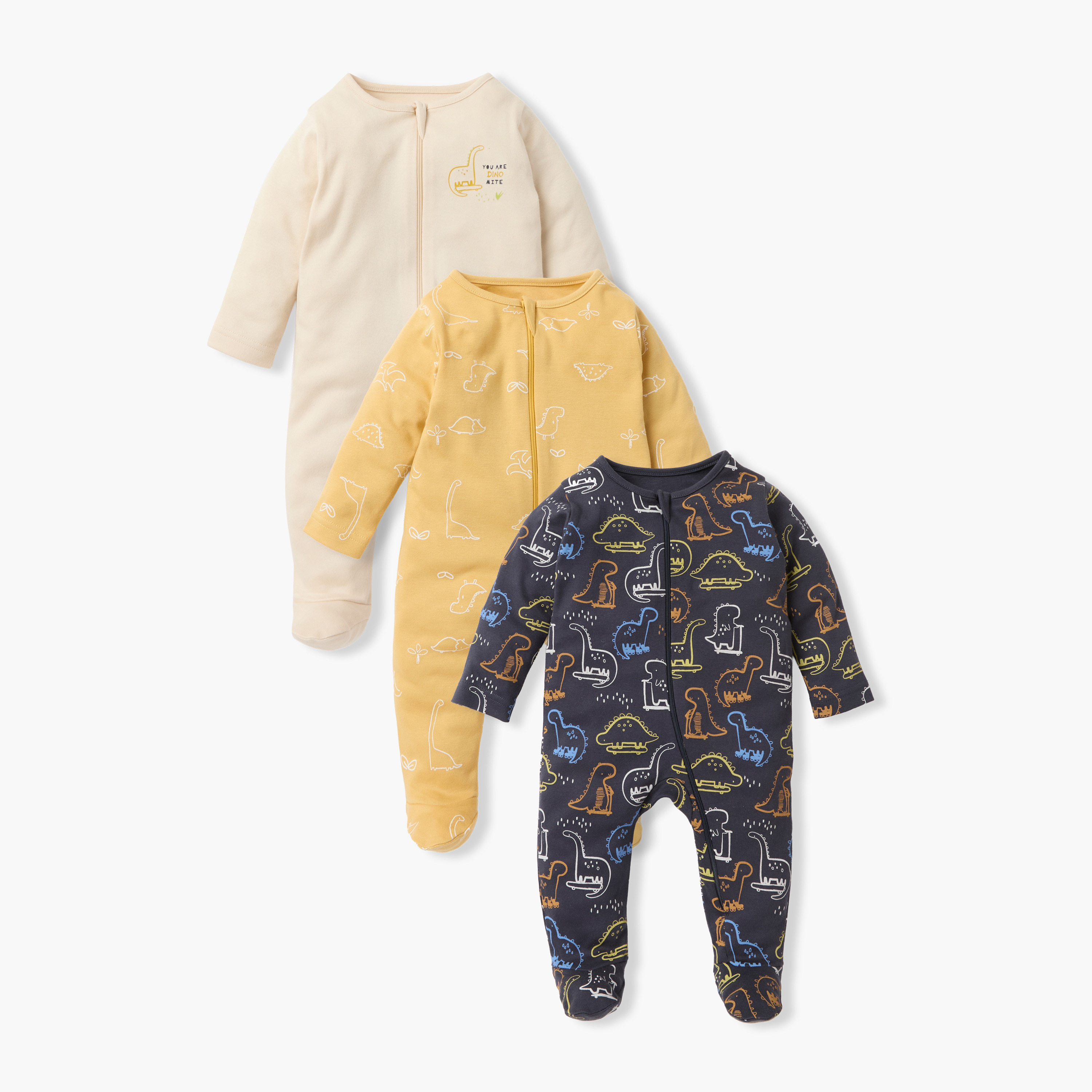 Juniors Dinosaur Print Sleepsuit with Zip Closure and Long Sleeves - Set of 3-baby-girls-clothing-nightwear-sleepsuits-image-1