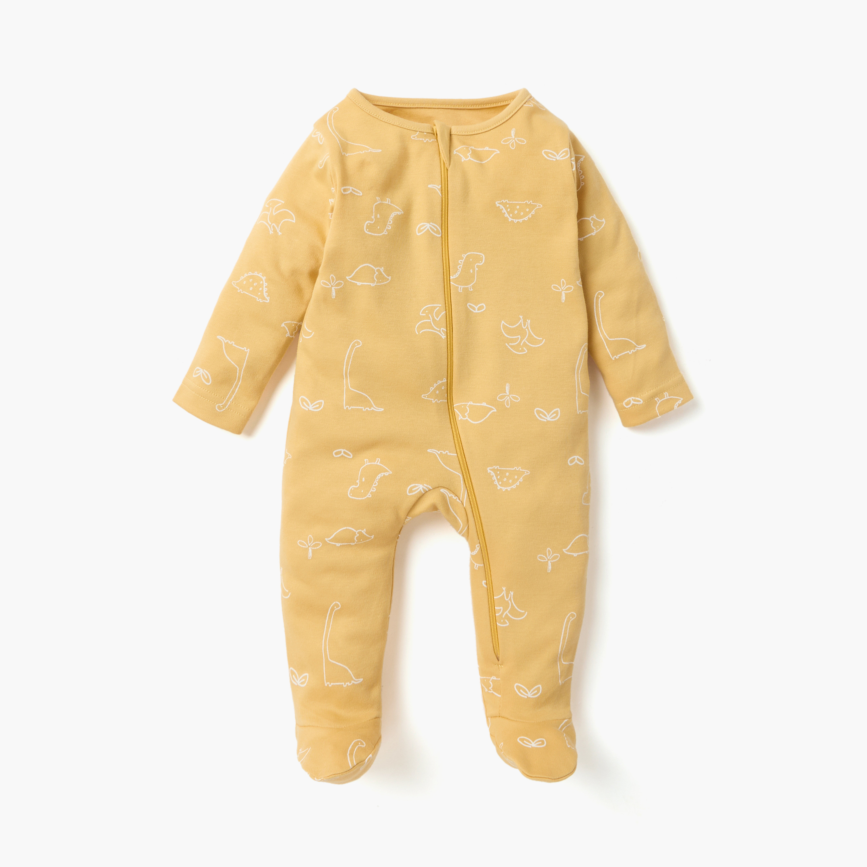 Juniors Dinosaur Print Sleepsuit with Zip Closure and Long Sleeves - Set of 3-baby-girls-clothing-nightwear-sleepsuits-image-2