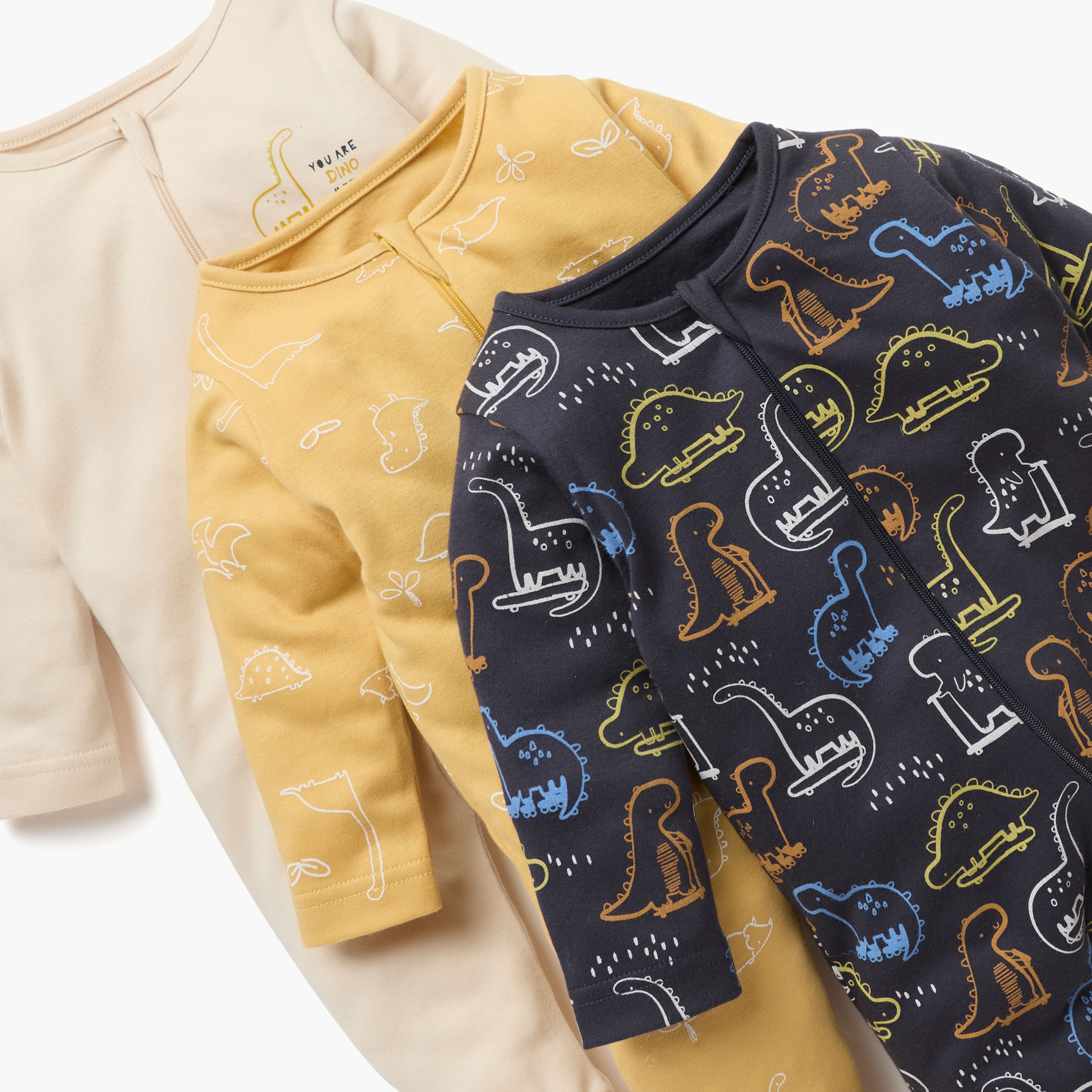 Juniors Dinosaur Print Sleepsuit with Zip Closure and Long Sleeves - Set of 3-baby-girls-clothing-nightwear-sleepsuits-image-4
