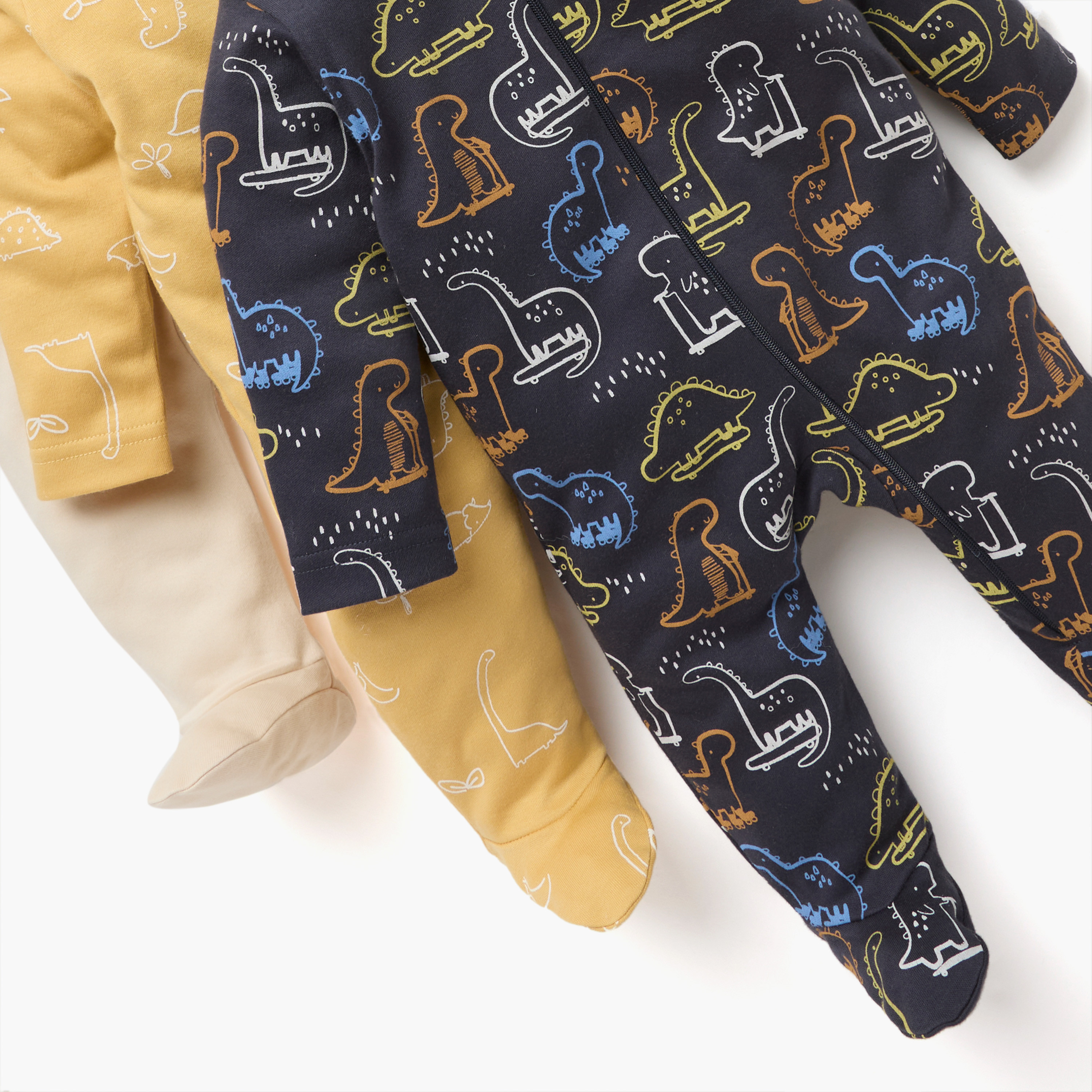 Juniors Dinosaur Print Sleepsuit with Zip Closure and Long Sleeves - Set of 3-baby-girls-clothing-nightwear-sleepsuits-image-5