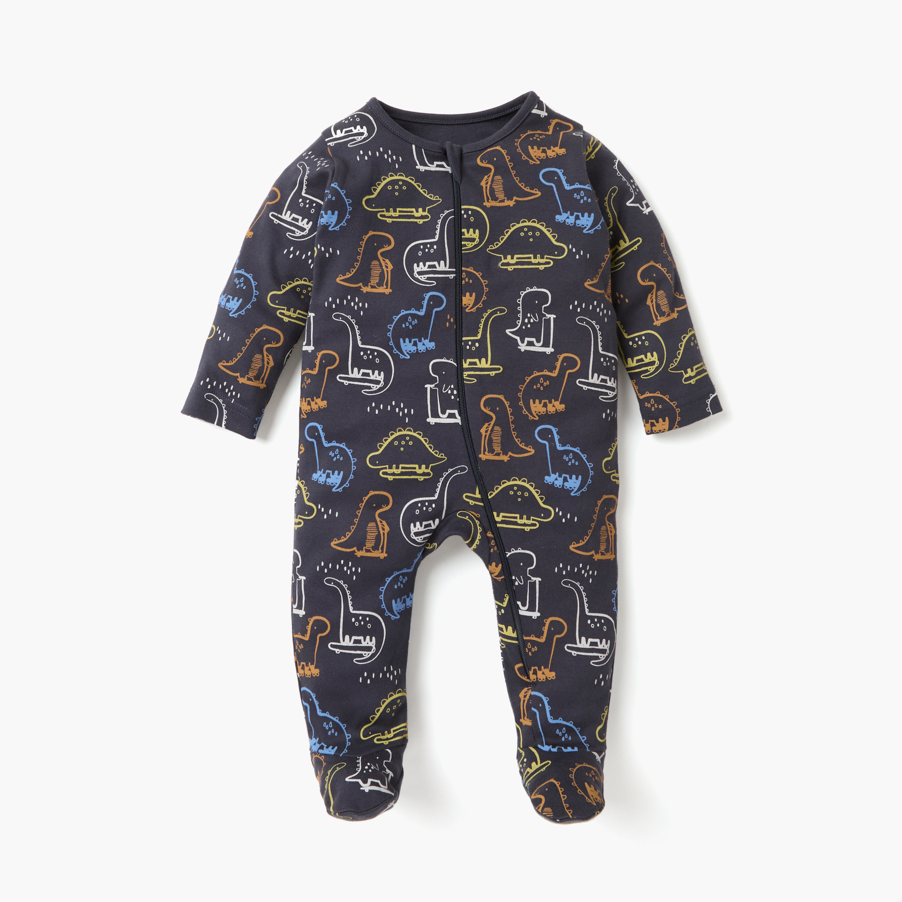 Juniors Dinosaur Print Sleepsuit with Zip Closure and Long Sleeves - Set of 3-baby-girls-clothing-nightwear-sleepsuits-image-6