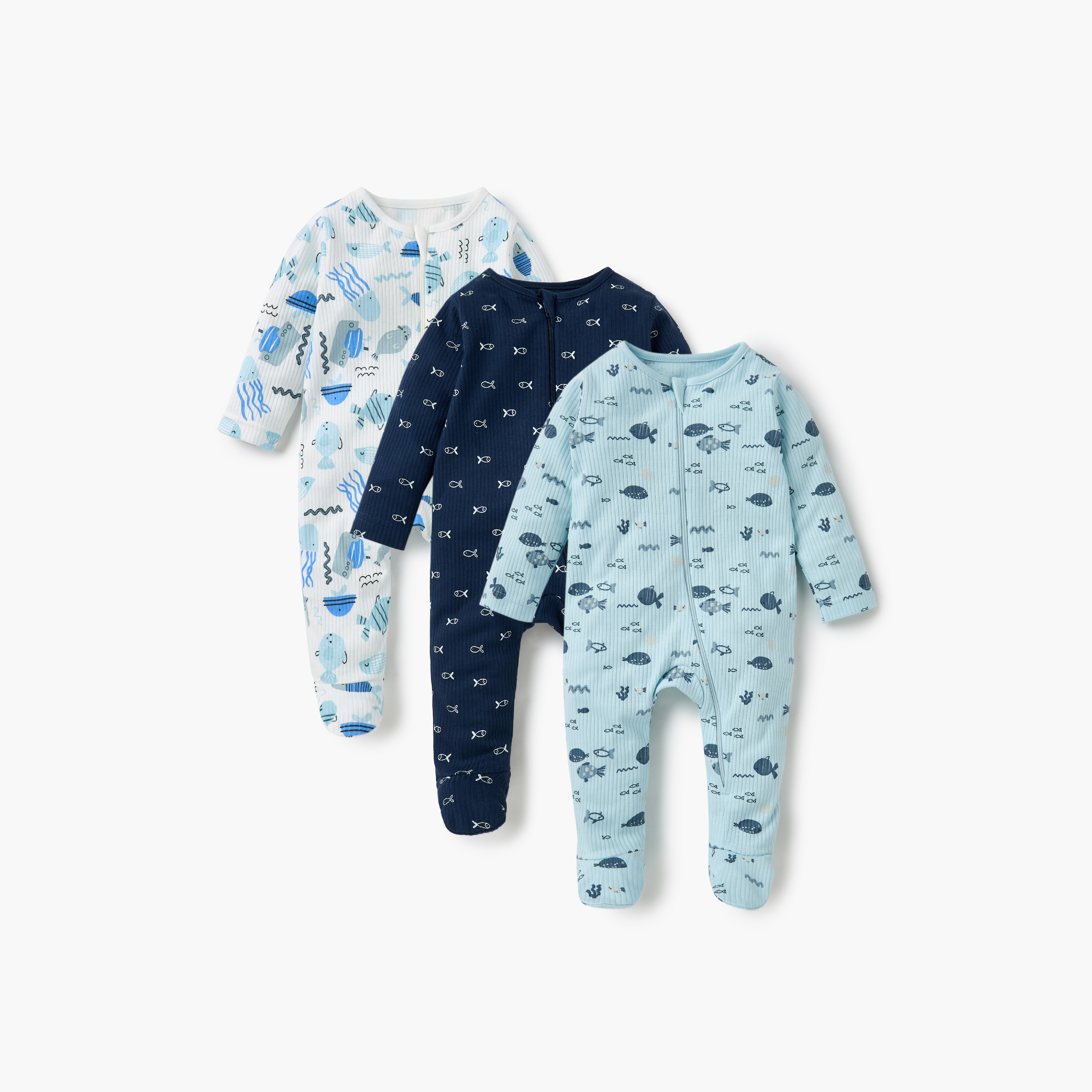 Juniors Fish Print Sleepsuit with Long Sleeves and Zip Closure - Set of 3-baby-girls-clothing-nightwear-sleepsuits-image-1