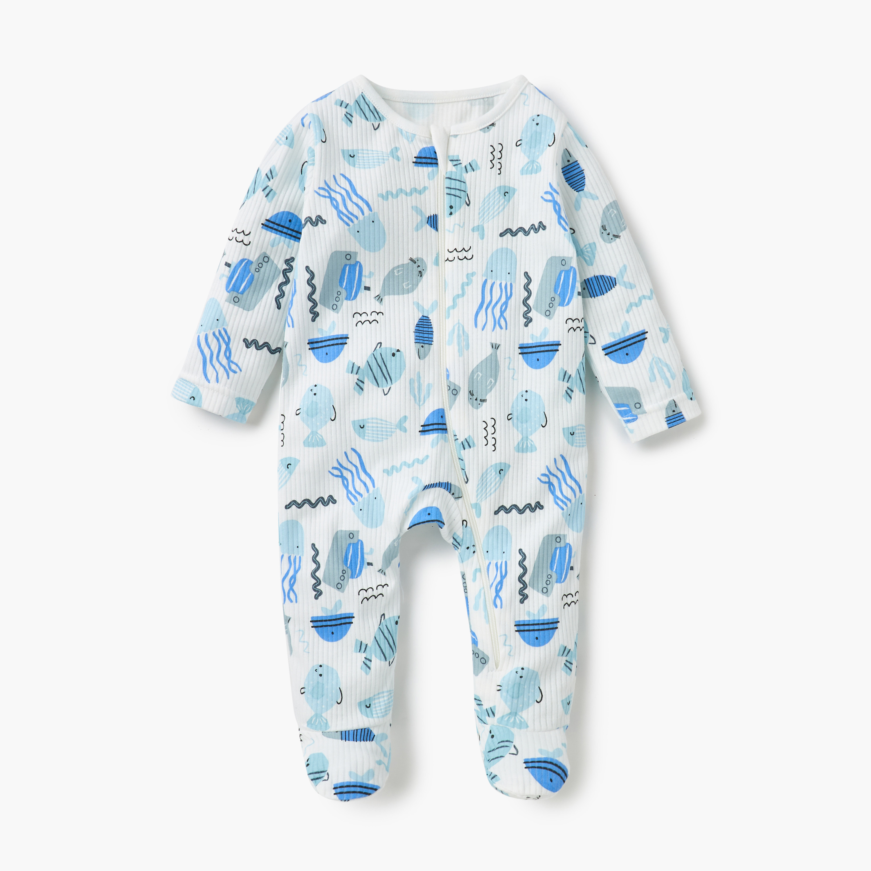 Juniors Fish Print Sleepsuit with Long Sleeves and Zip Closure - Set of 3-baby-girls-clothing-nightwear-sleepsuits-image-2