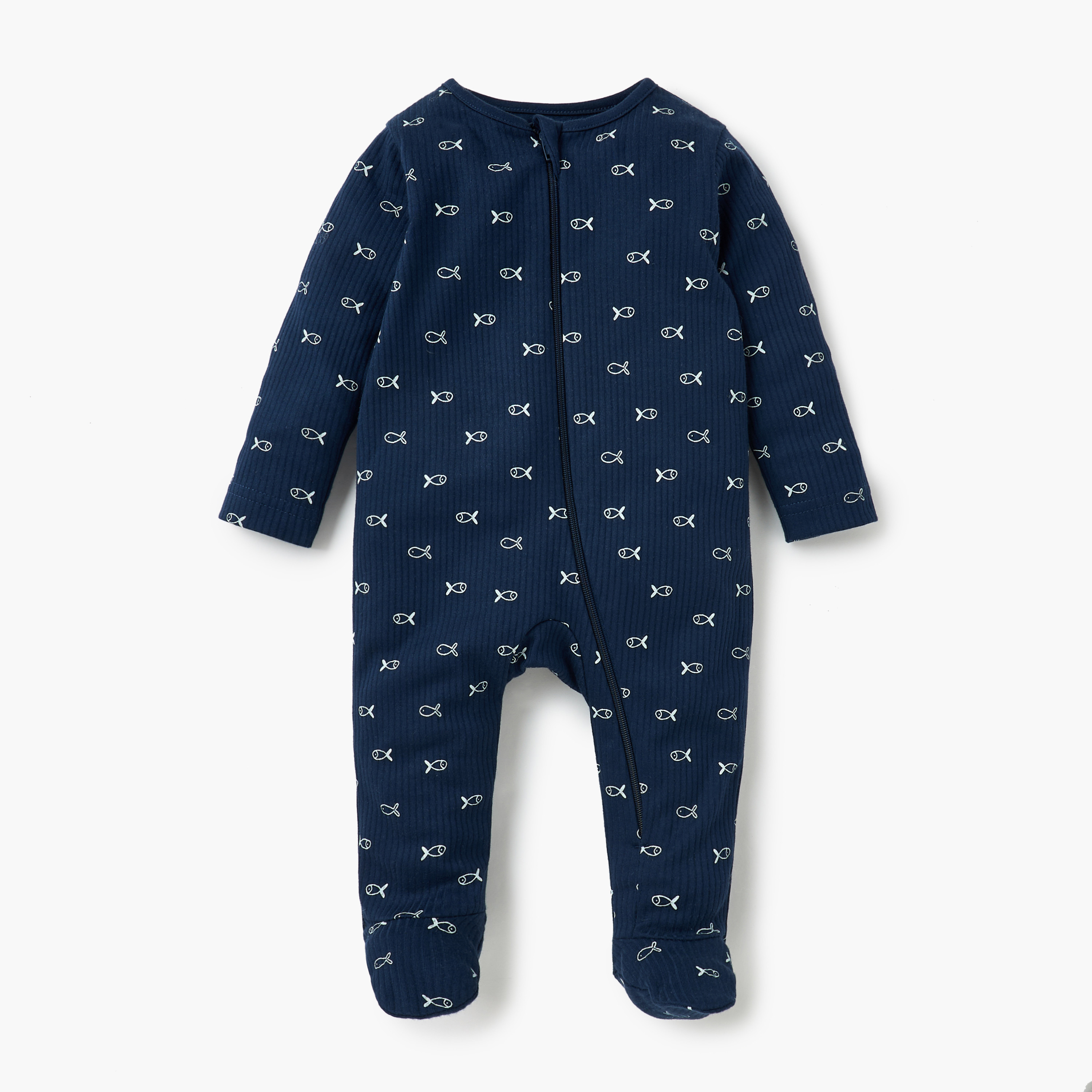 Juniors Fish Print Sleepsuit with Long Sleeves and Zip Closure - Set of 3-baby-girls-clothing-nightwear-sleepsuits-image-3