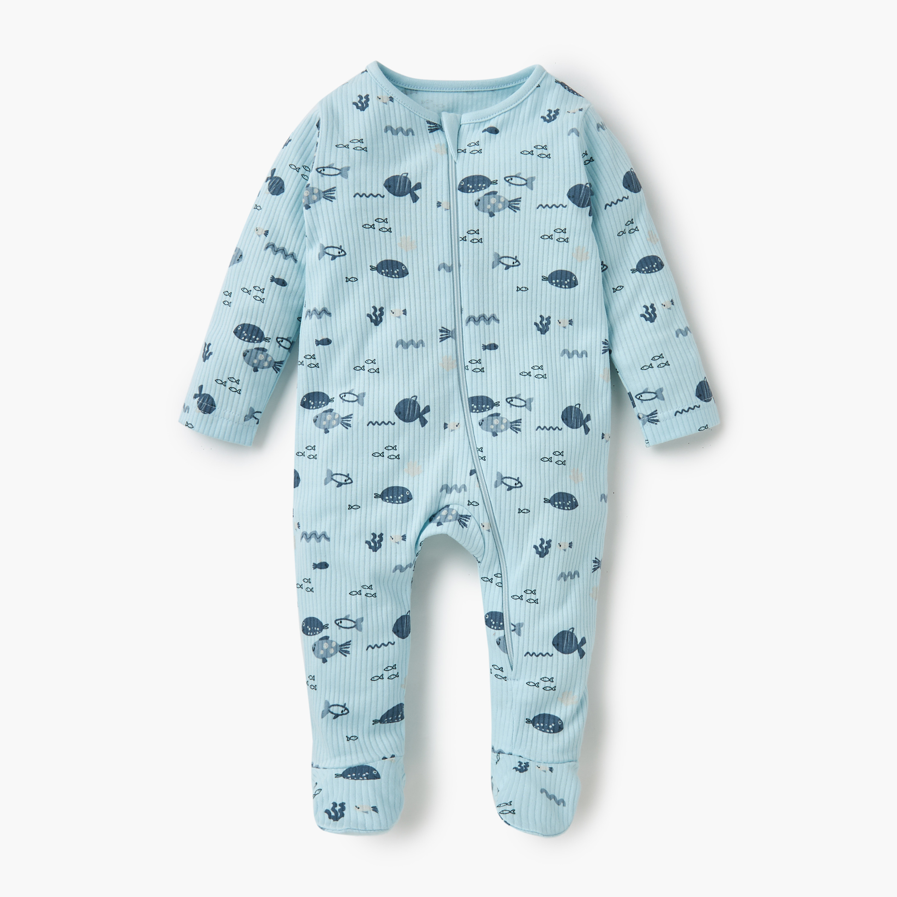 Juniors Fish Print Sleepsuit with Long Sleeves and Zip Closure - Set of 3-baby-girls-clothing-nightwear-sleepsuits-image-4