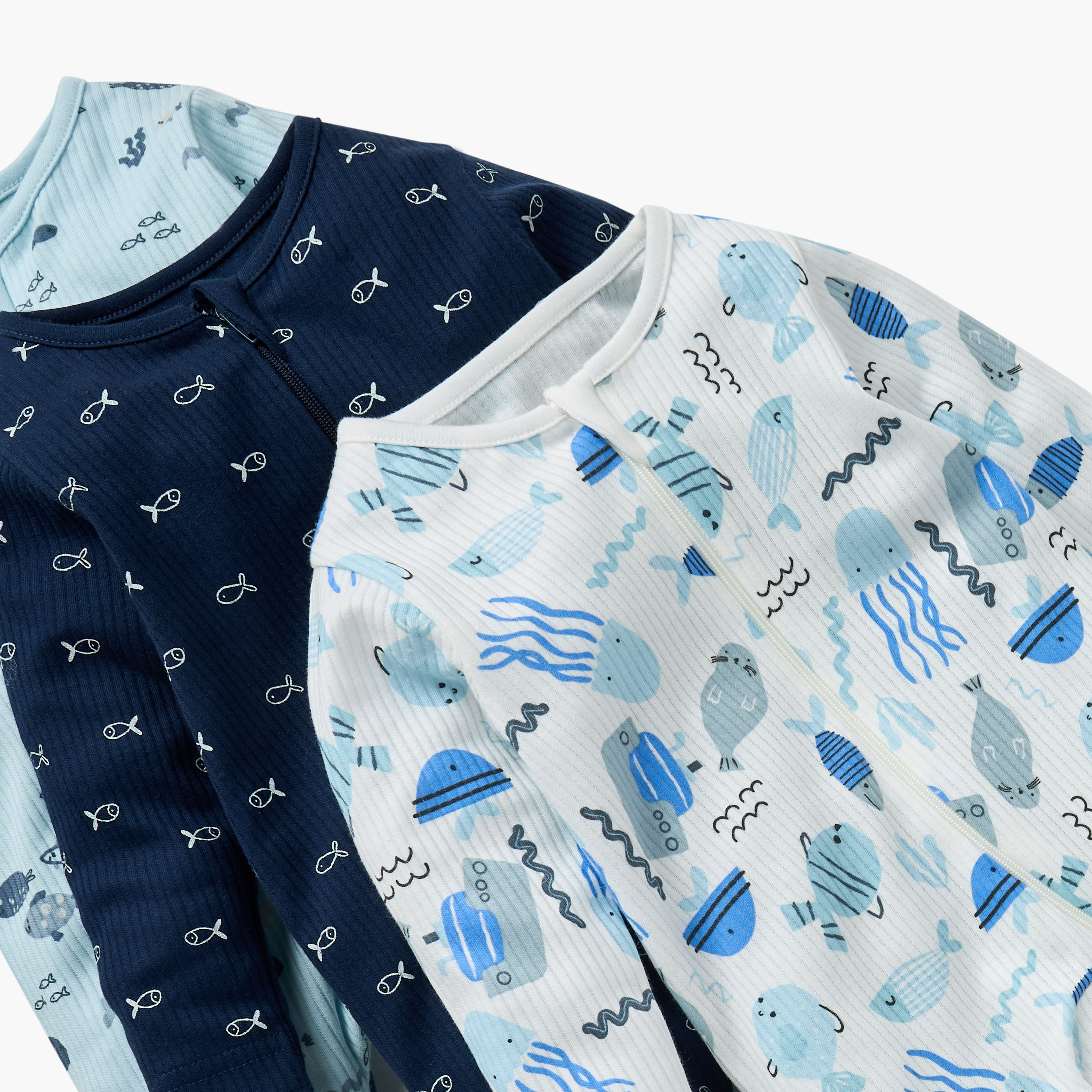 Juniors Fish Print Sleepsuit with Long Sleeves and Zip Closure - Set of 3-baby-girls-clothing-nightwear-sleepsuits-image-5
