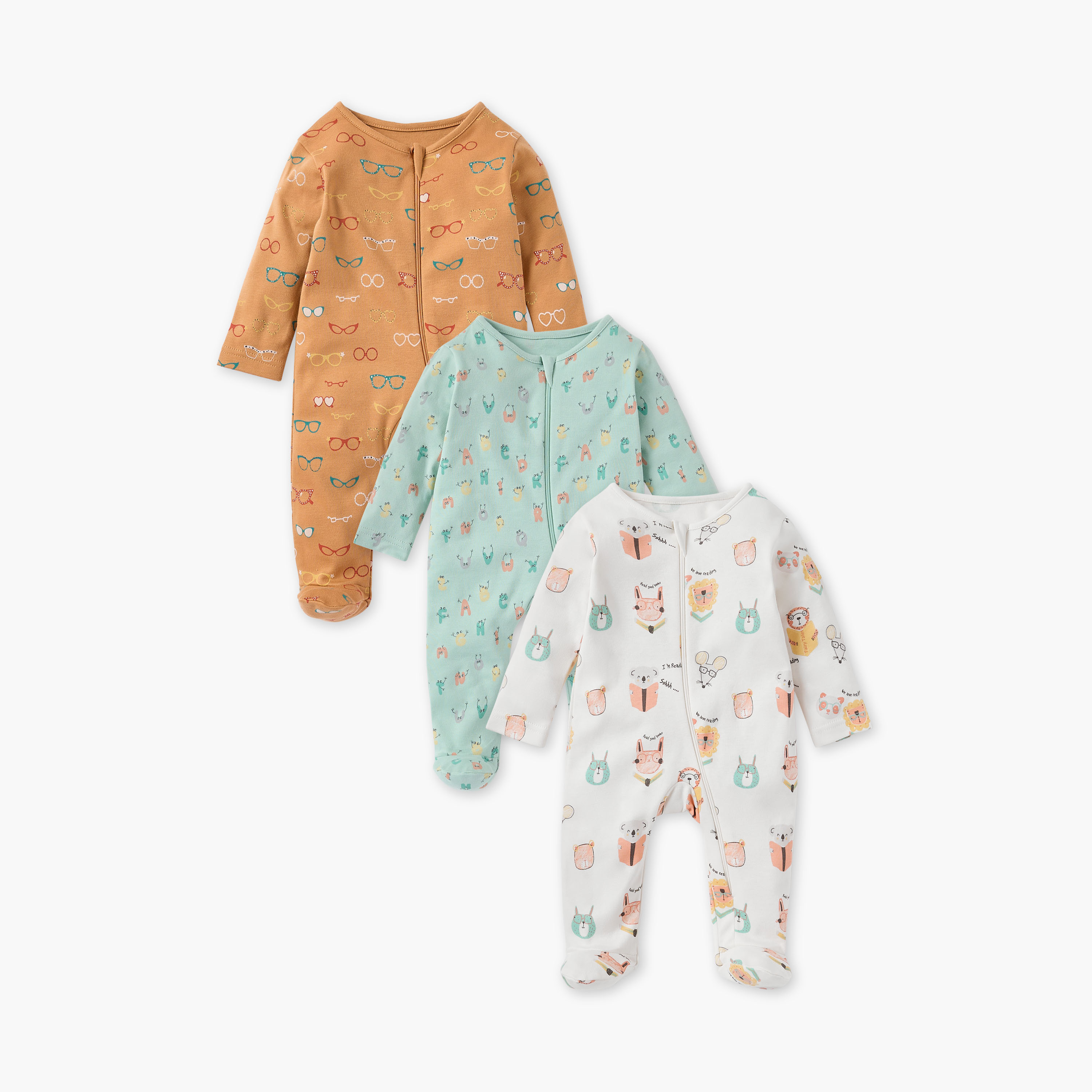 Juniors All-Over Print Sleepsuits with Zip Closure - Set of 3-baby-girls-clothing-nightwear-sleepsuits-image-1