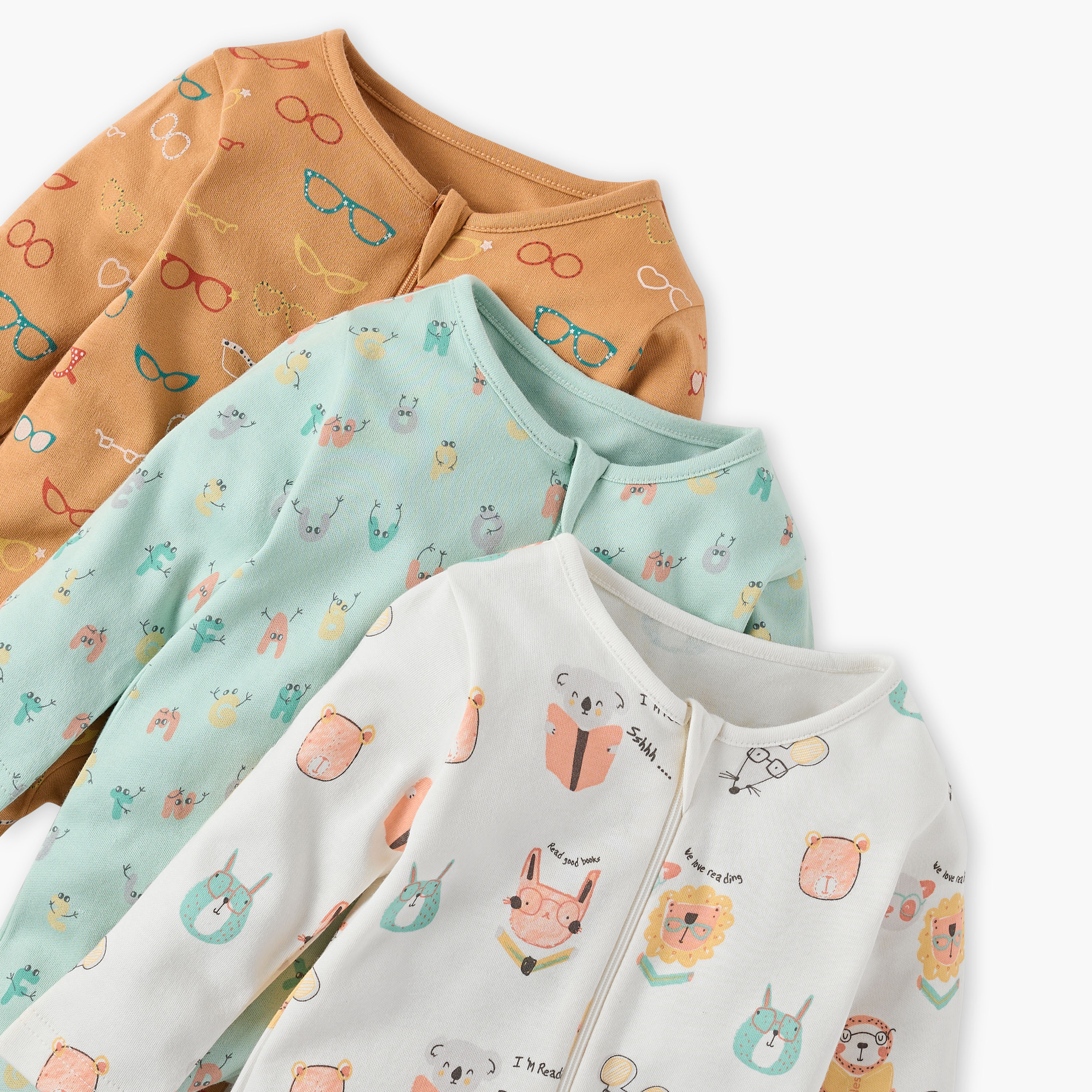Juniors All-Over Print Sleepsuits with Zip Closure - Set of 3-baby-girls-clothing-nightwear-sleepsuits-image-5