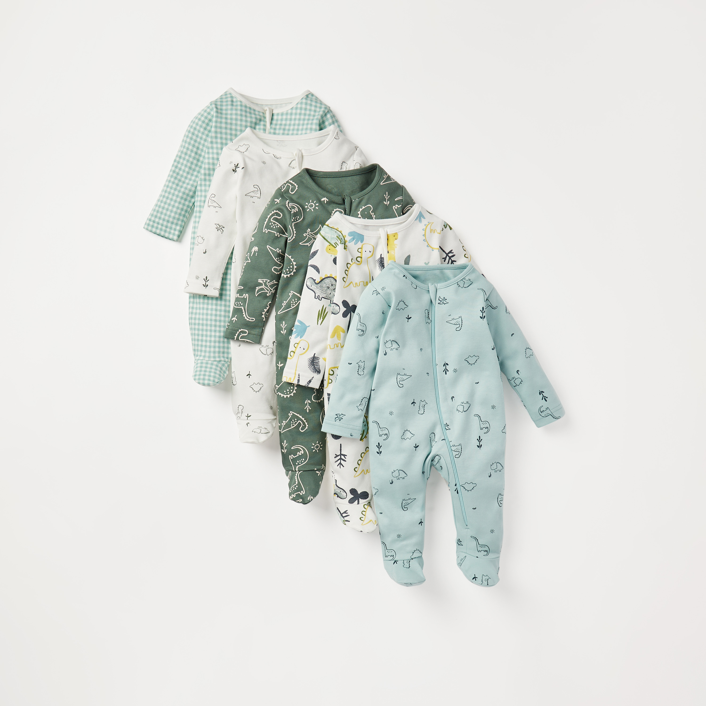 Juniors Dinosaur Print Closed Feet Sleepsuit with Zip Closure - Set of 5-baby-boys-clothing-nightwear-sleepsuits-image-1