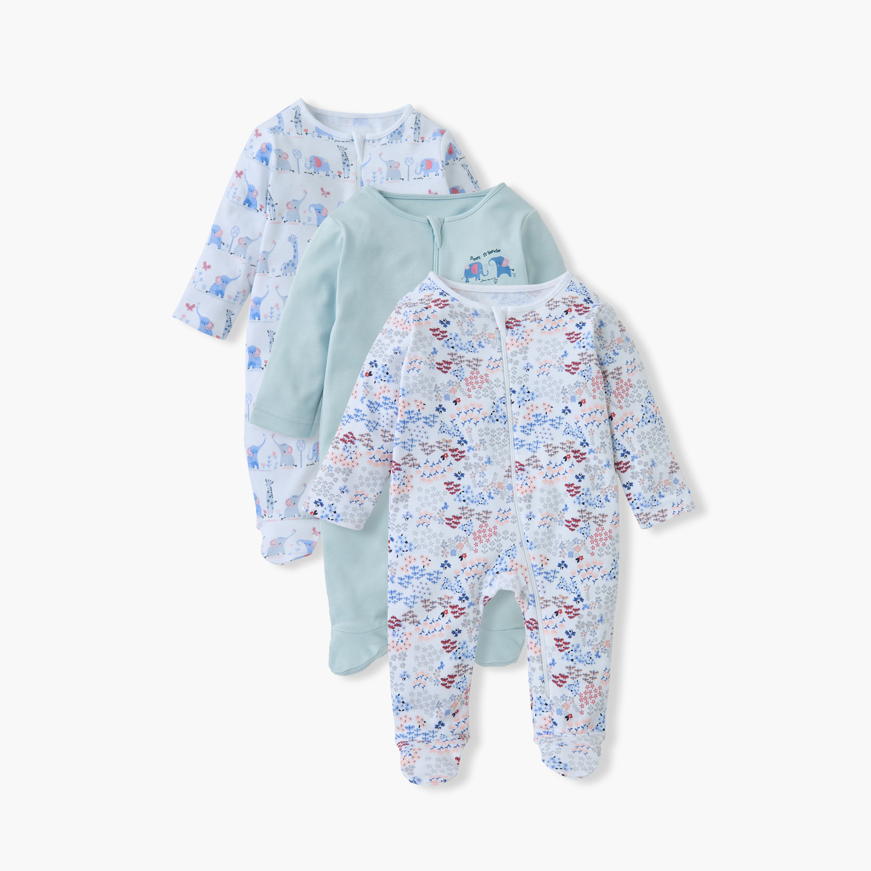 Juniors Printed Sleepsuit with Long Sleeves and Zip Closure - Set of 3-baby-girls-clothing-nightwear-sleepsuits-image-1