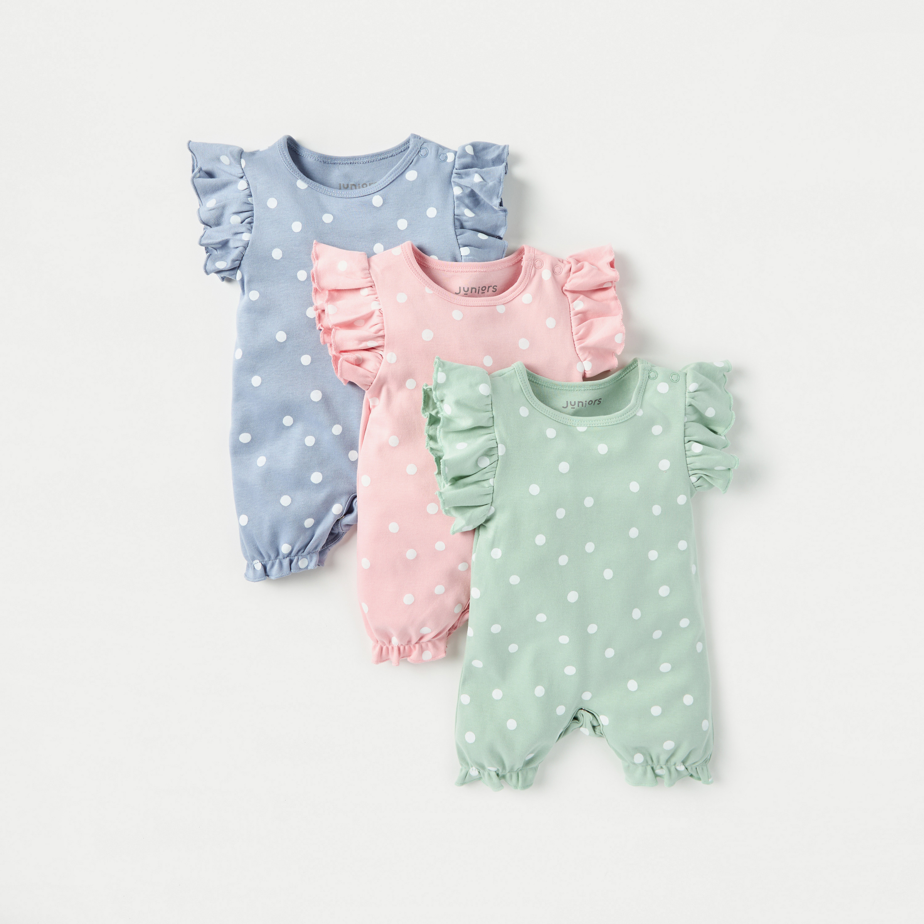 Juniors Polka Dot Print Romper with Button Closure - Set of 3-baby-girls-clothing-rompers-image-1