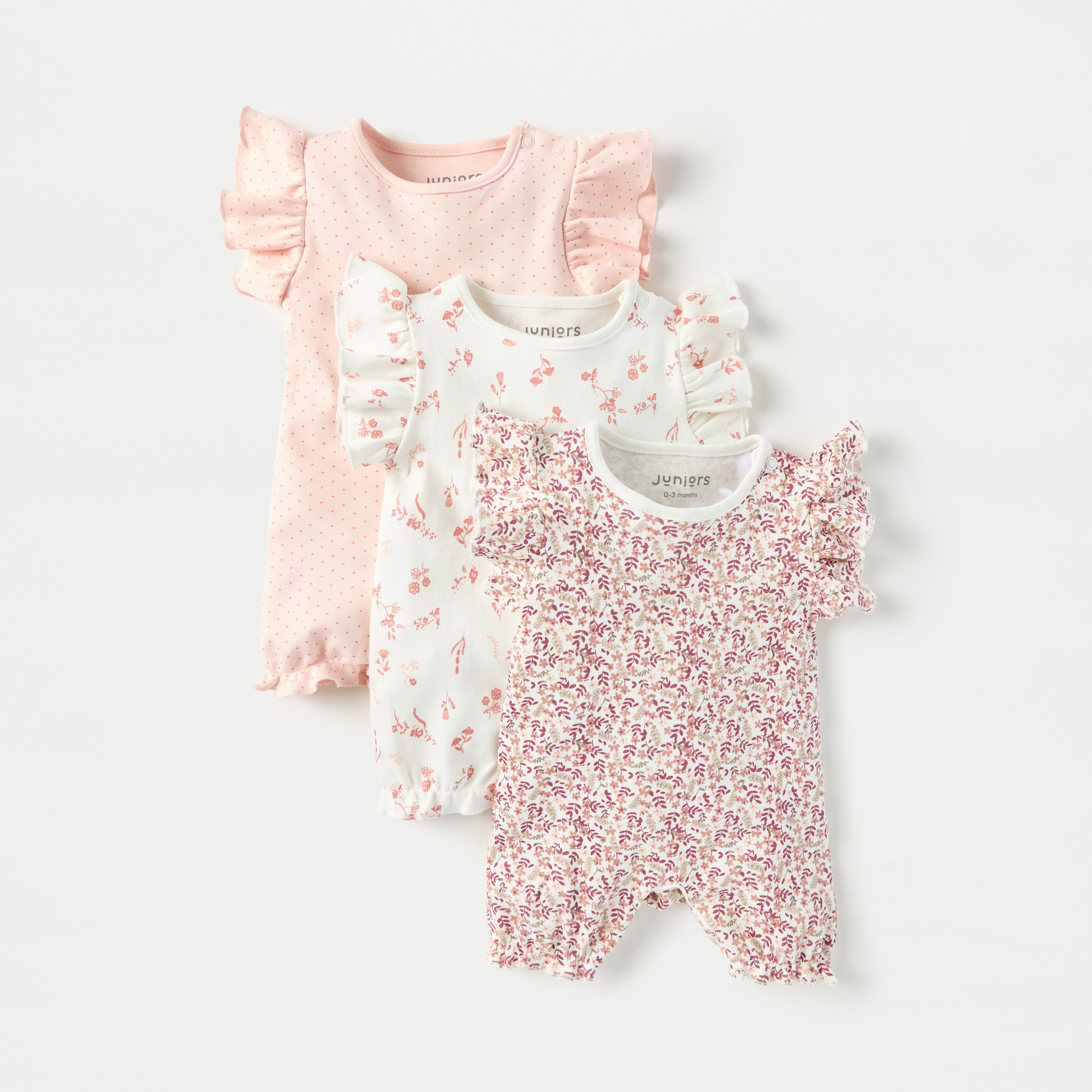 Juniors Printed Rompers with Button Closure - Set of 3-baby-girls-clothing-rompers-image-1