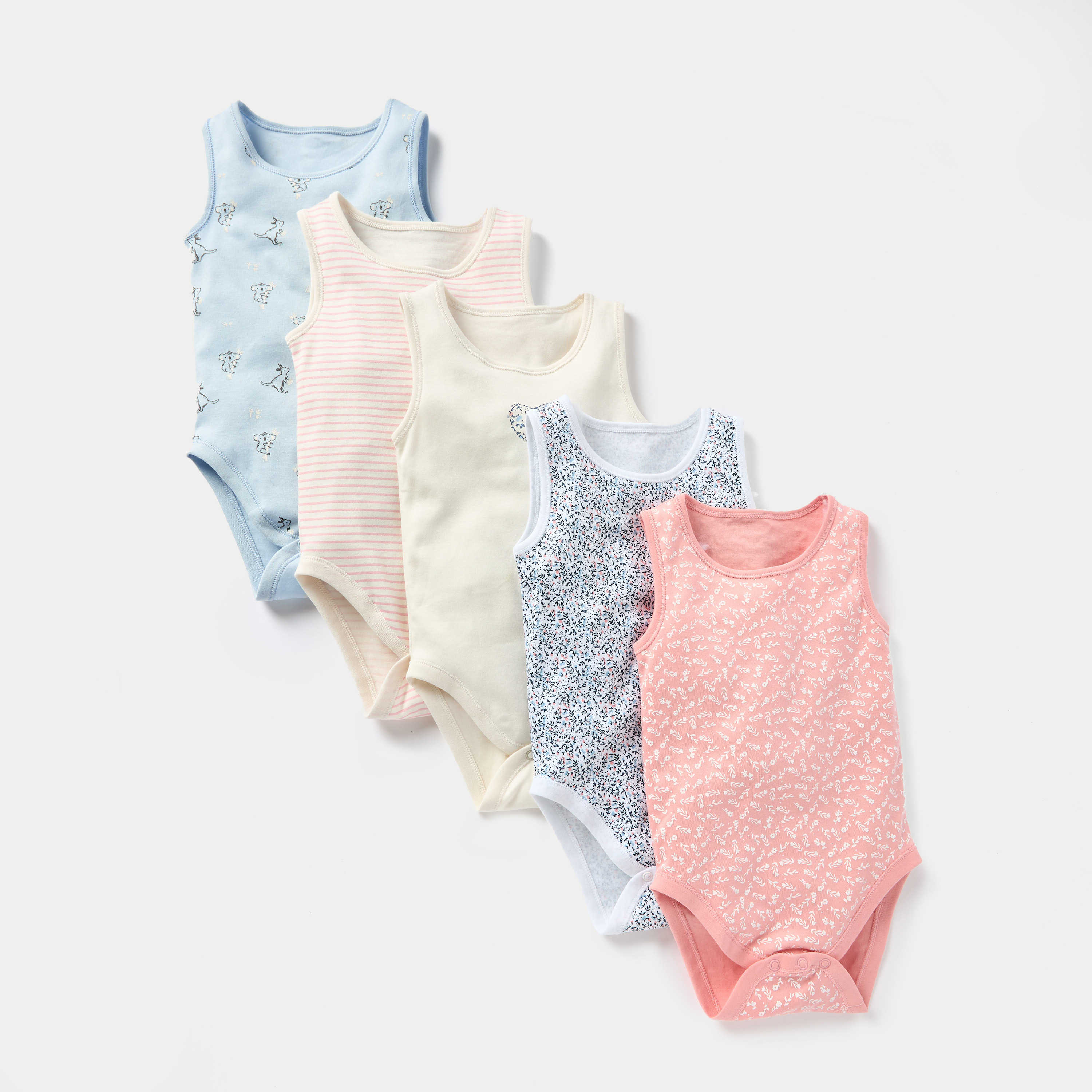 Juniors Printed Sleeveless Bodysuit with Button Closure - Set of 5-baby-girls-clothing-bodysuits-image-1