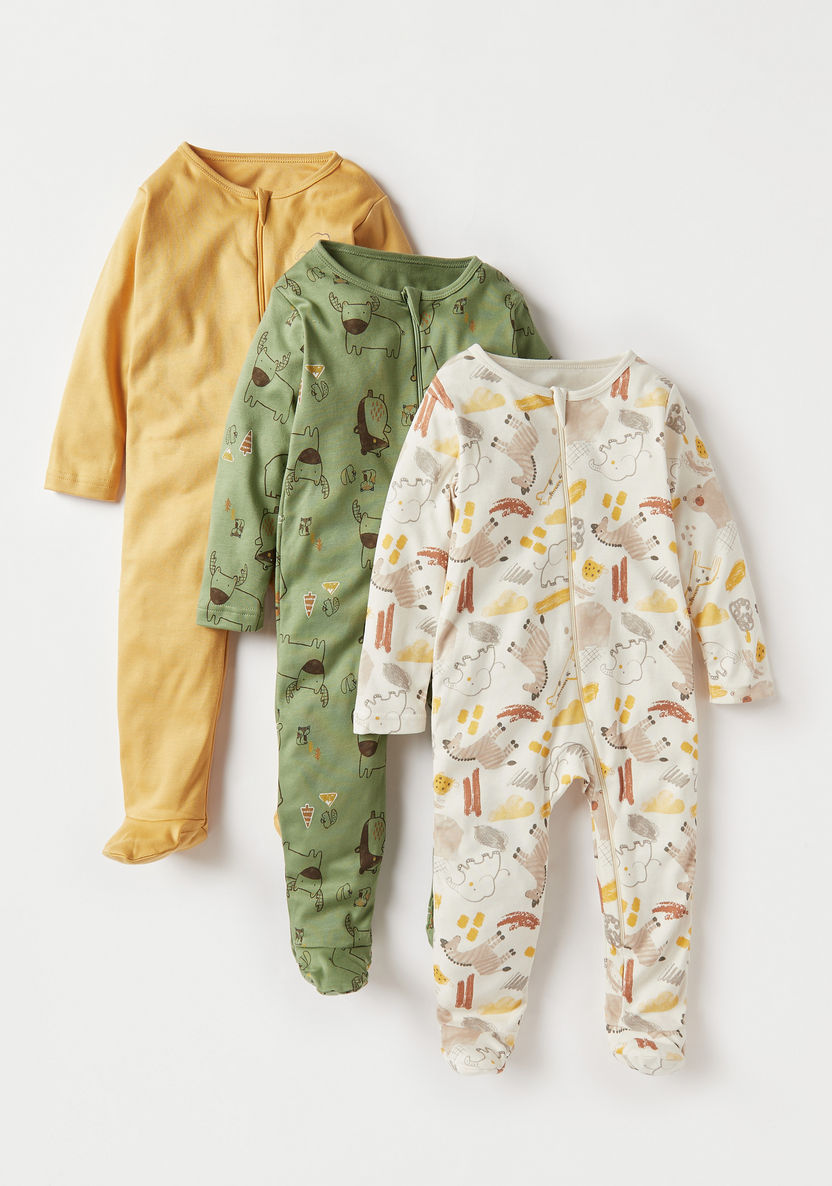 Juniors Animal Print Sleepsuit with Zip Closure - Set of 3-Sleepsuits-image-0