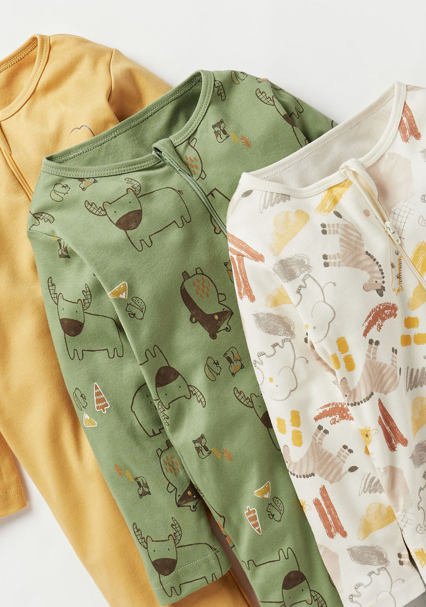 Juniors Animal Print Sleepsuit with Zip Closure - Set of 3-Sleepsuits-image-3