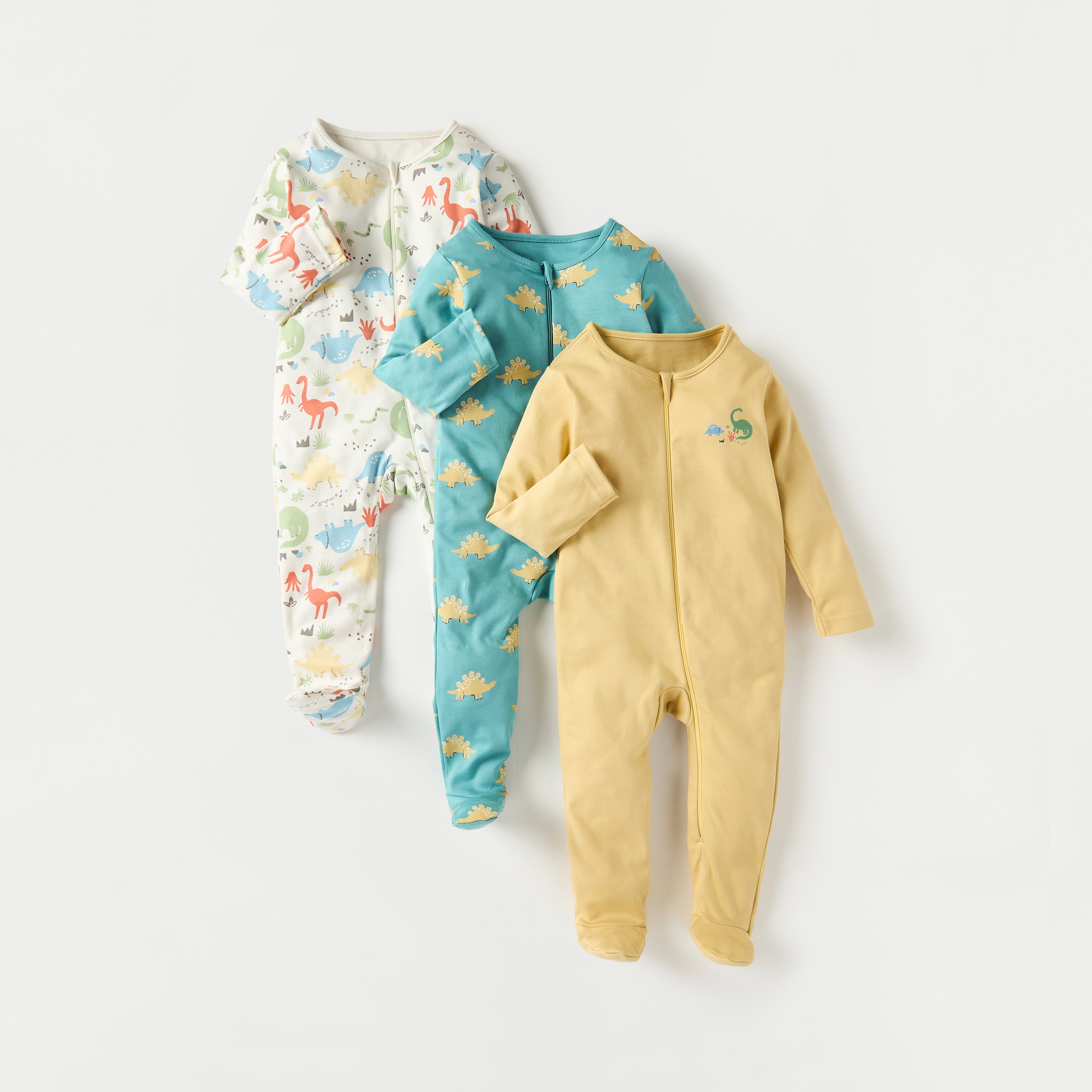 Juniors Dinosaur Print Sleepsuit with Zip Closure - Set of 3-baby-boys-clothing-nightwear-sleepsuits-image-1