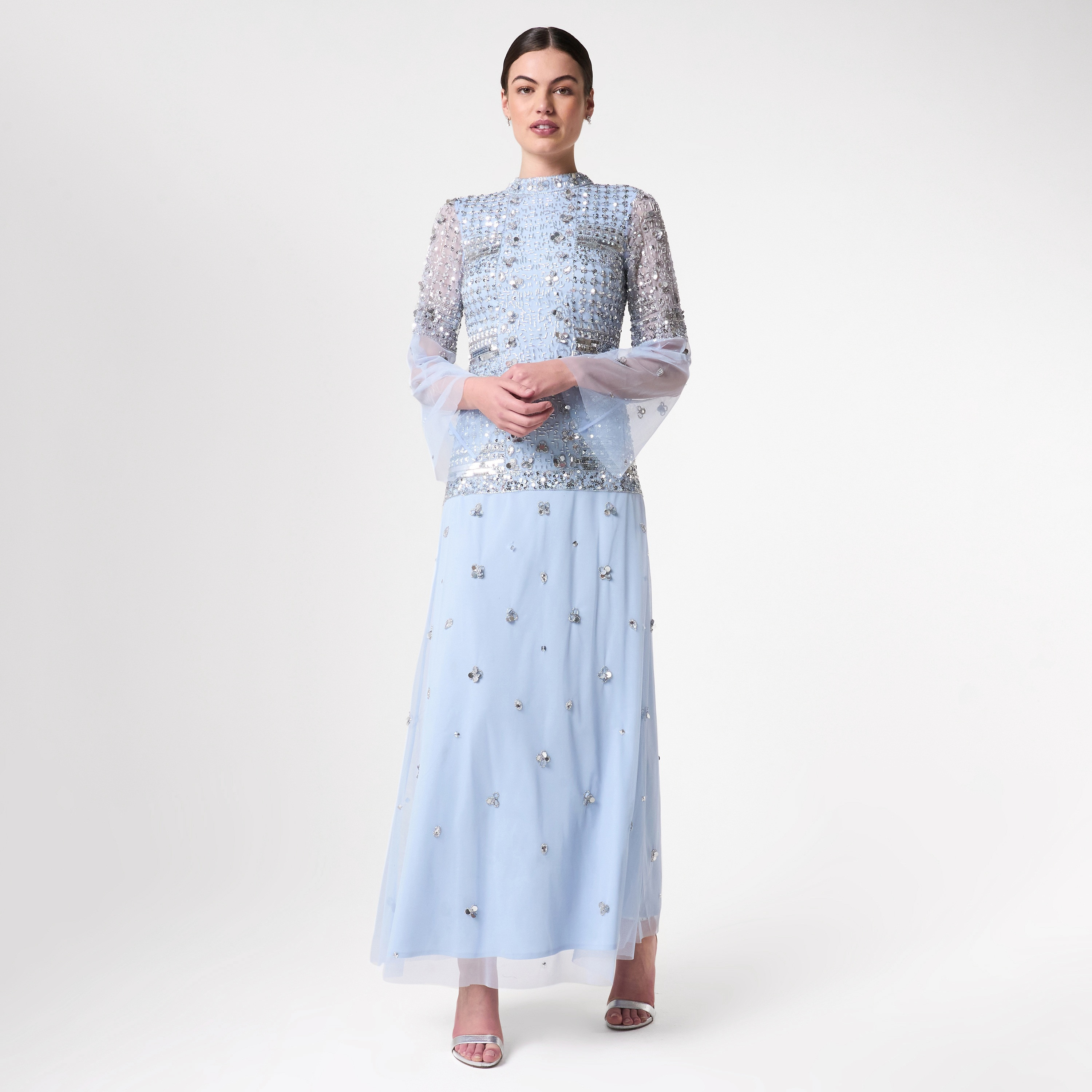 Amelia Rose Ice Blue Beaded and Sequin Work High Neck Sheer Bell Sleeve Women's Gown-women-clothing-dresses-image-1