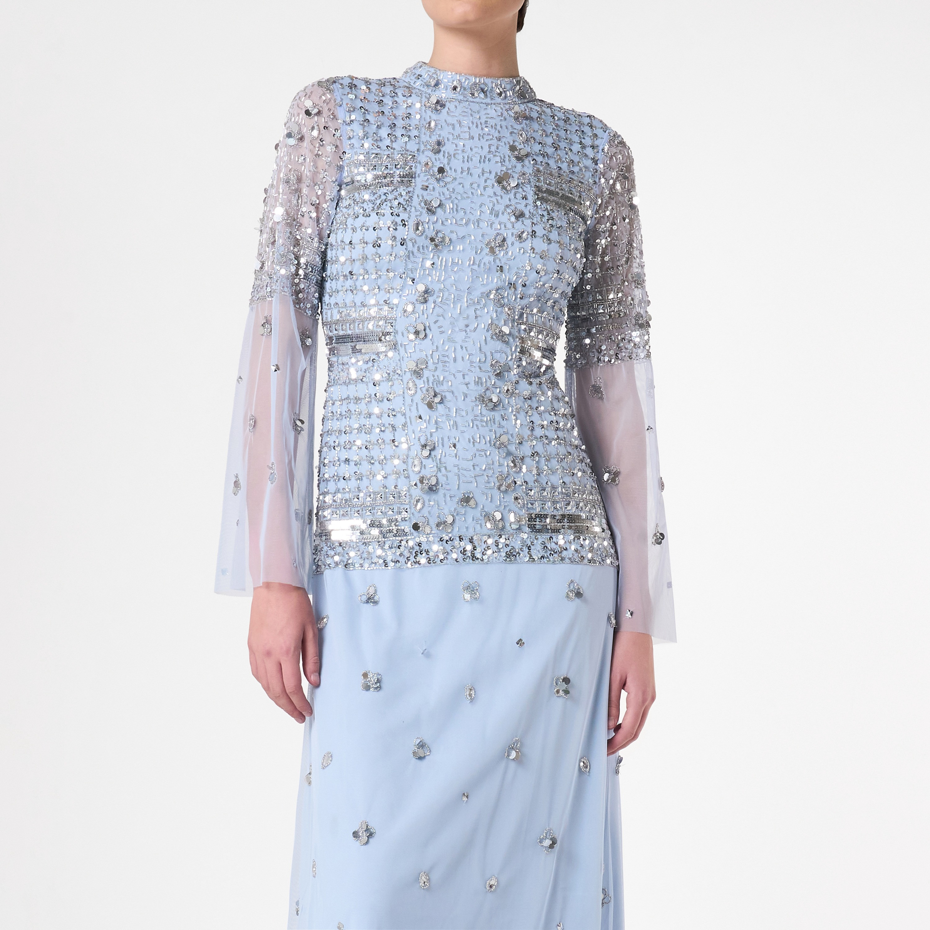 Amelia Rose Ice Blue Beaded and Sequin Work High Neck Sheer Bell Sleeve Women's Gown-women-clothing-dresses-image-3