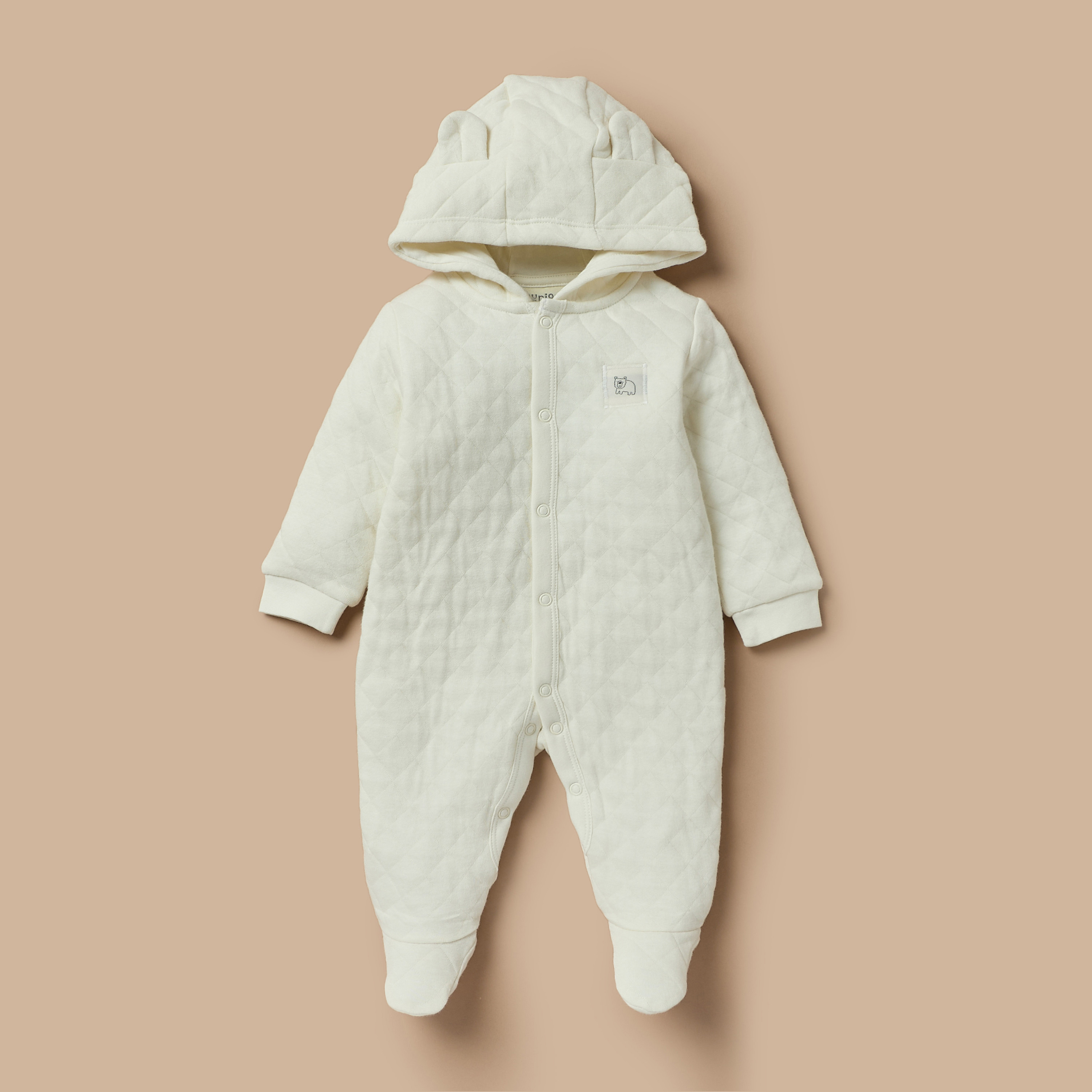 Juniors Quilted Ear Applique Closed Feet Hooded Sleepsuit with Button Closure-baby-boys-clothing-winterwear-sleepsuits-image-1