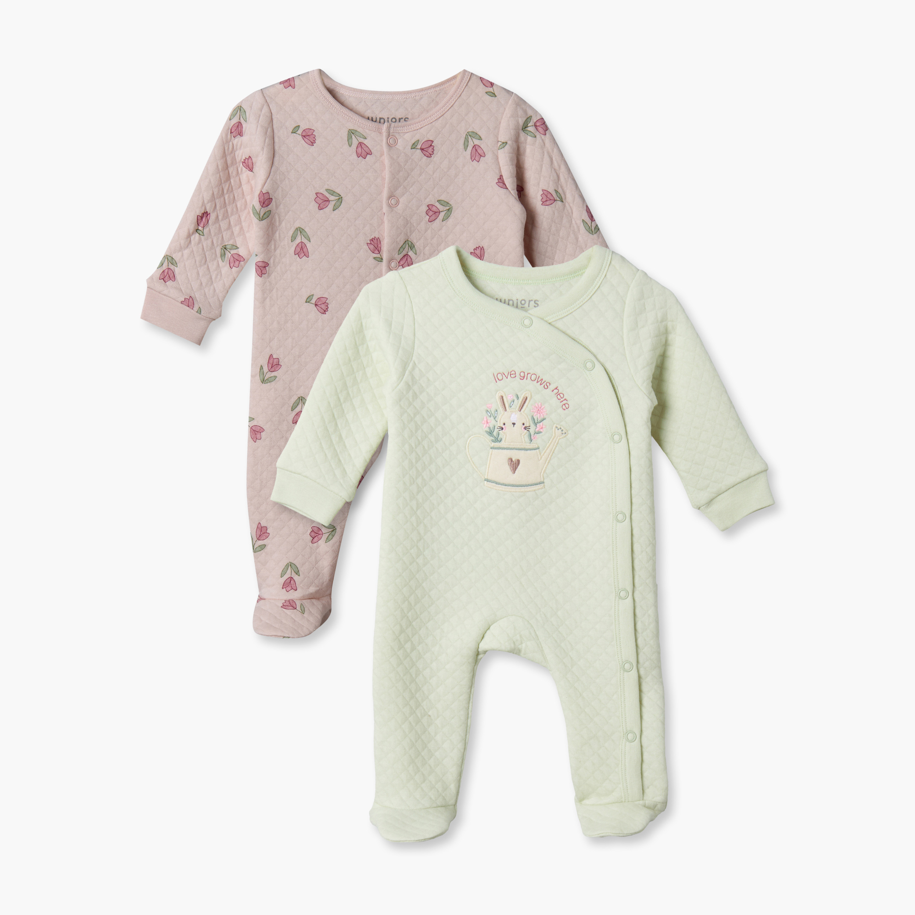 طقم بدلات نوم قطن بياقة ضيقة وأكمام طويلة بتصميم مبطن من يونيورز - عبوة من قطعتين-baby-girls-clothing-nightwear-sleepsuits-image-1