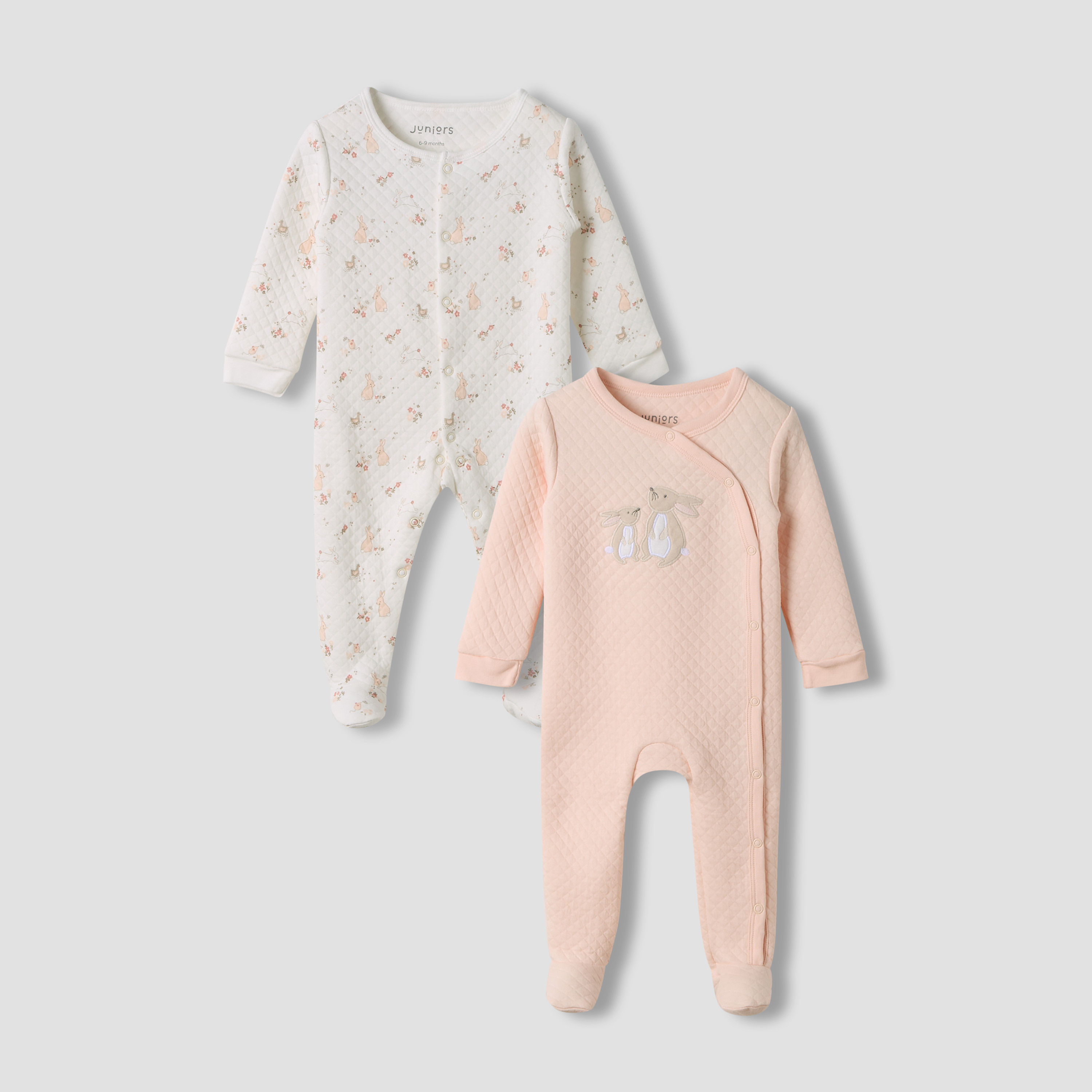 Juniors Round Neck Closed Foot Sleepsuit with Bunny Print - Cotton - Long Sleeves - Set of 2-baby-boys-clothing-nightwear-sleepsuits-image-1