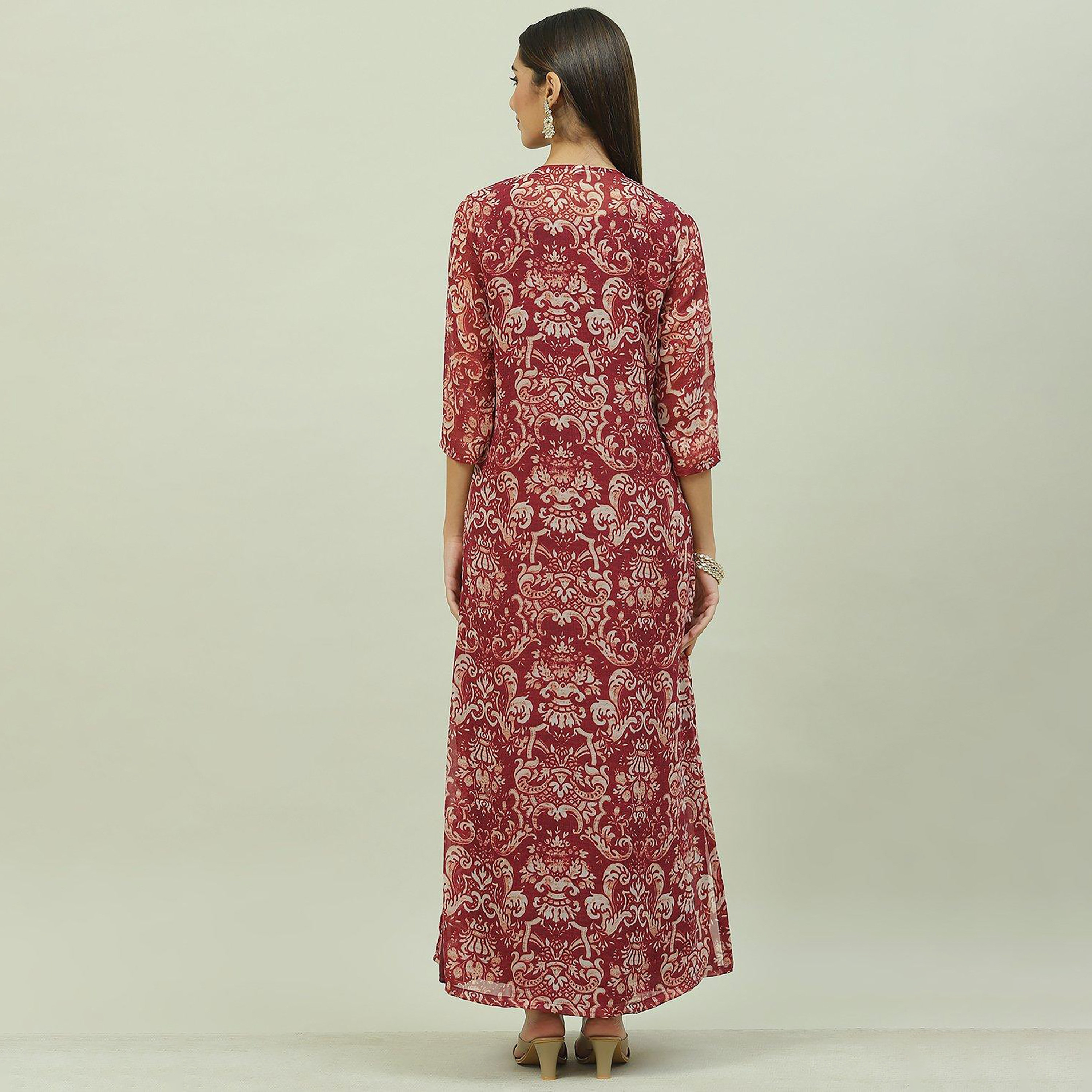 طقم فستان بيبا مطبوع من قطعتين بياقة دائرية مع جاكيت-women-clothing-ethnicwear-dresses-image-5