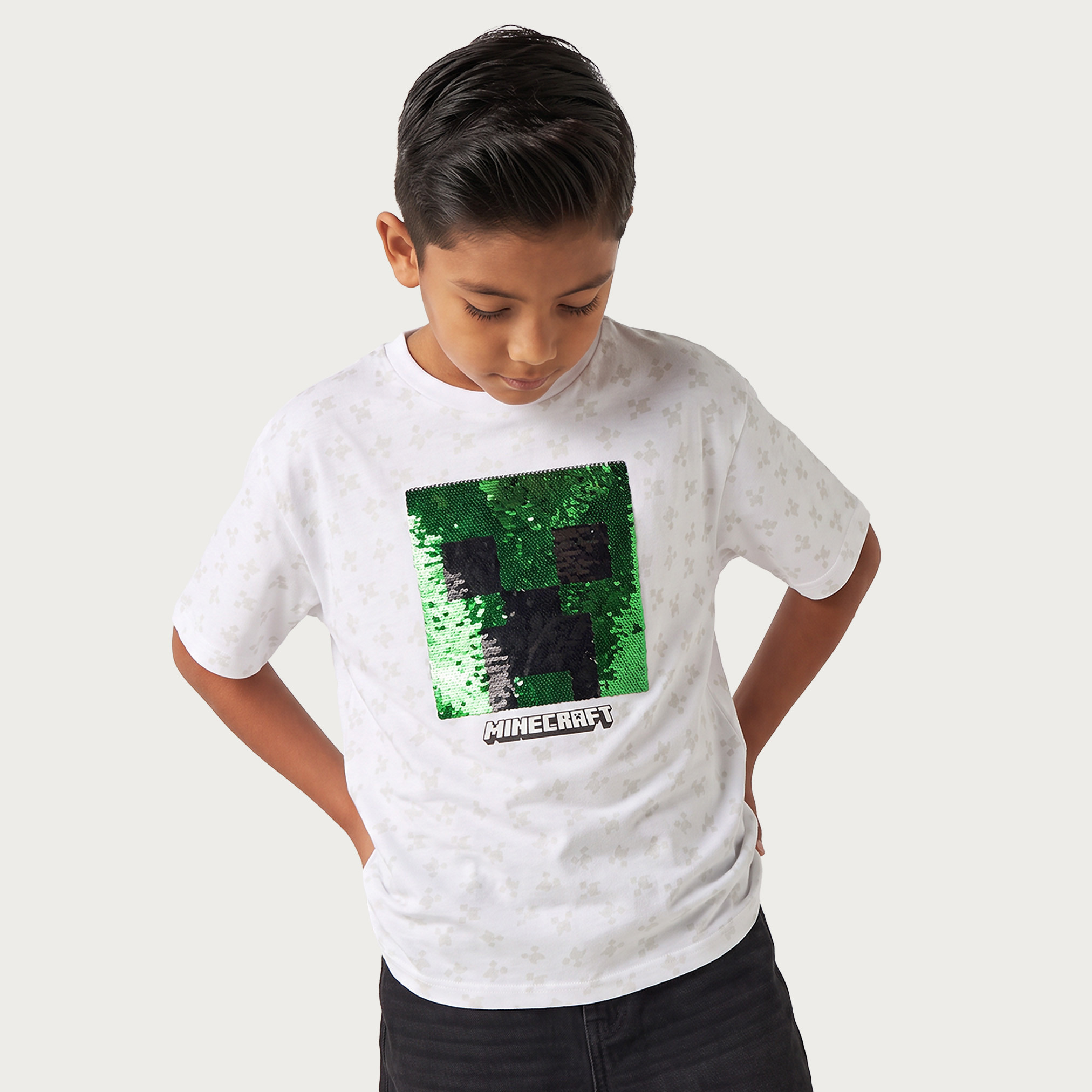 تيشيرت بأكمام قصيرة وياقة ضيقة وتزيينات ترتر من ماينكرافت-boys-clothing-tshirtsandpolos-image-1