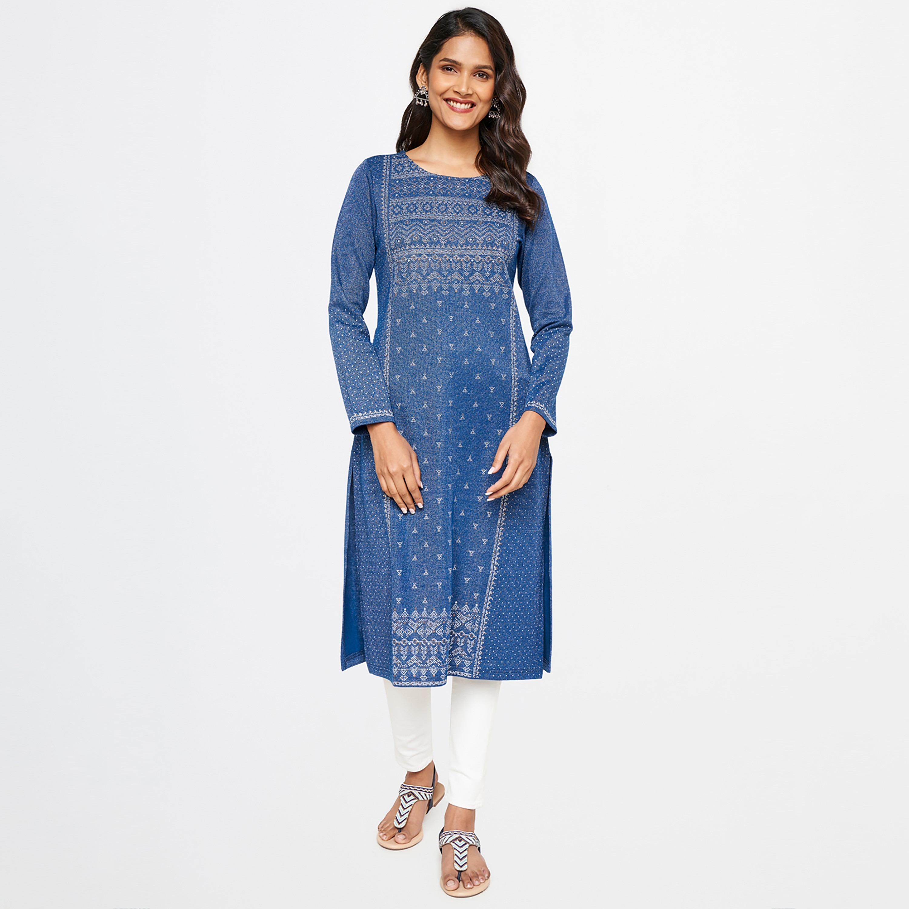 كورتا قطنية مستقيمة من آي تي إس إي ذو مطبوعة برقبة مستديرة-women-clothing-ethnicwear-kurtas-image-1
