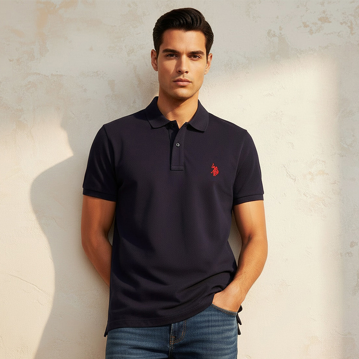 تي شيرت بولو رجالي، بقصة ضيقة وياقة سادة وأكمام قصيرة من يو إس بولو أسسن-men-clothing-tshirtsandpolos-polos-image-13